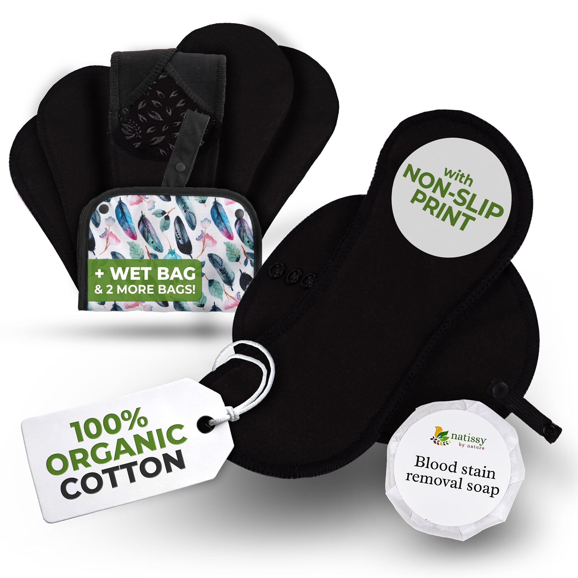 Assorbenti mestruali antiscivolo riutilizzabili per ragazze adolescenti (S+M, confezione da 6) - Black Witch