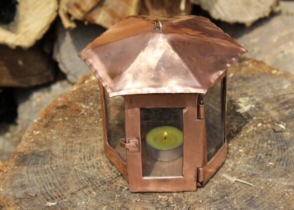 Handcrafted Copper Hexagonal Lantern – Rustic and Romantic Candle Lighting for Indoor and Outdoor Use