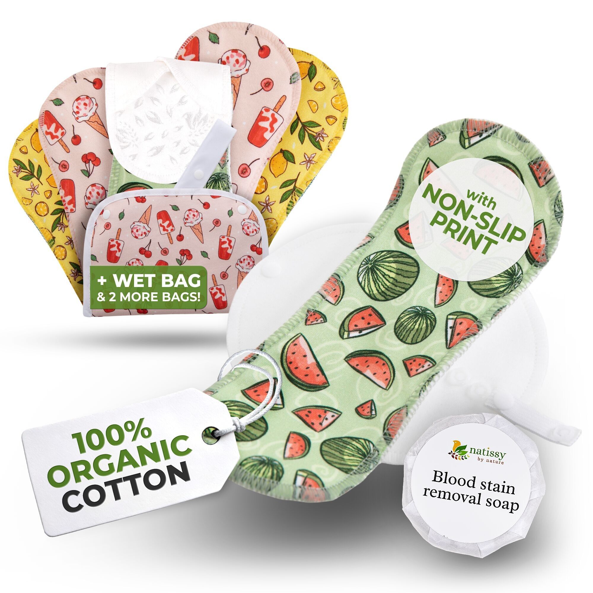 Assorbenti mestruali antiscivolo riutilizzabili per ragazze adolescenti (S+M, confezione da 6) - Fruit Splash