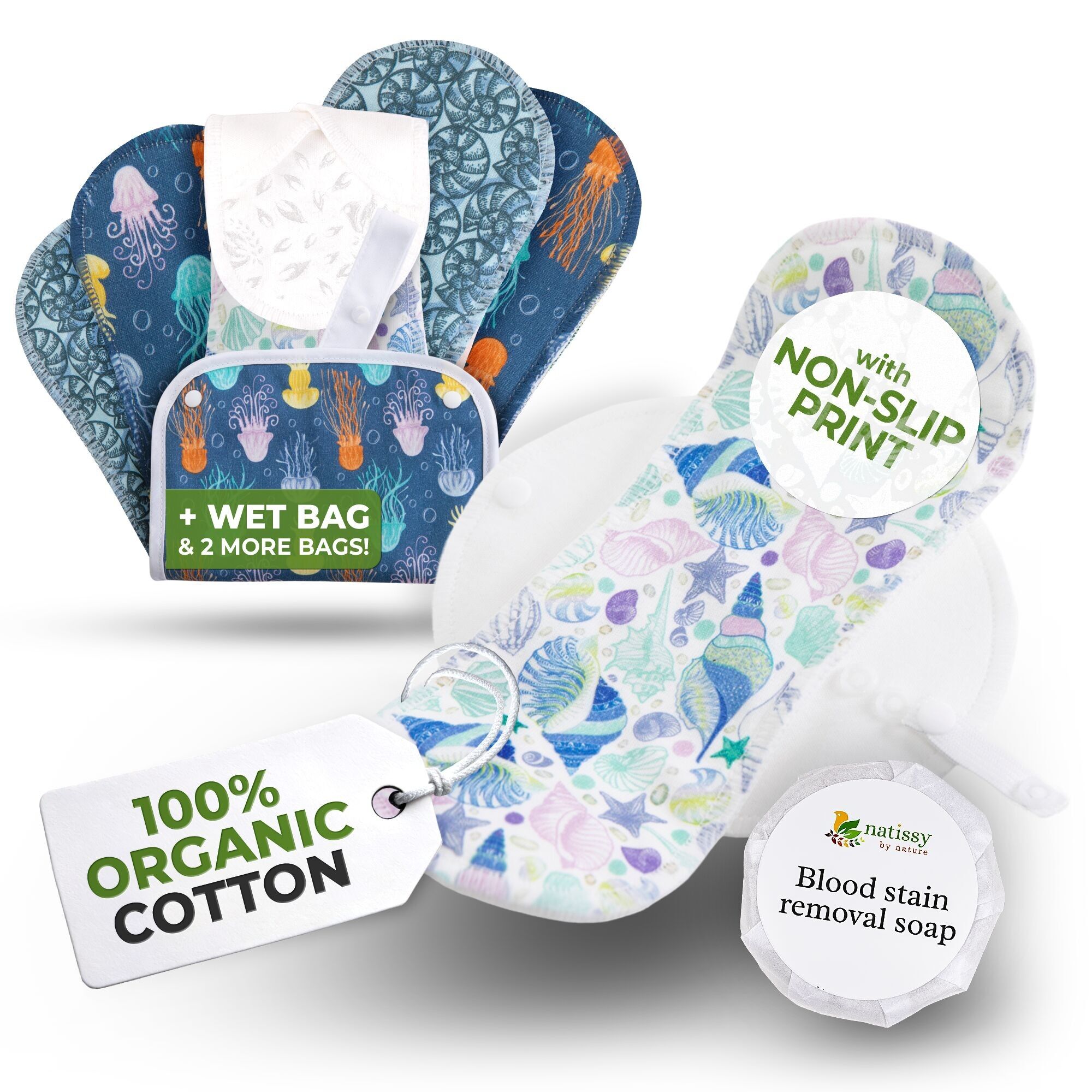 Assorbenti mestruali antiscivolo riutilizzabili per ragazze adolescenti (S+M, confezione da 6) - Coastal