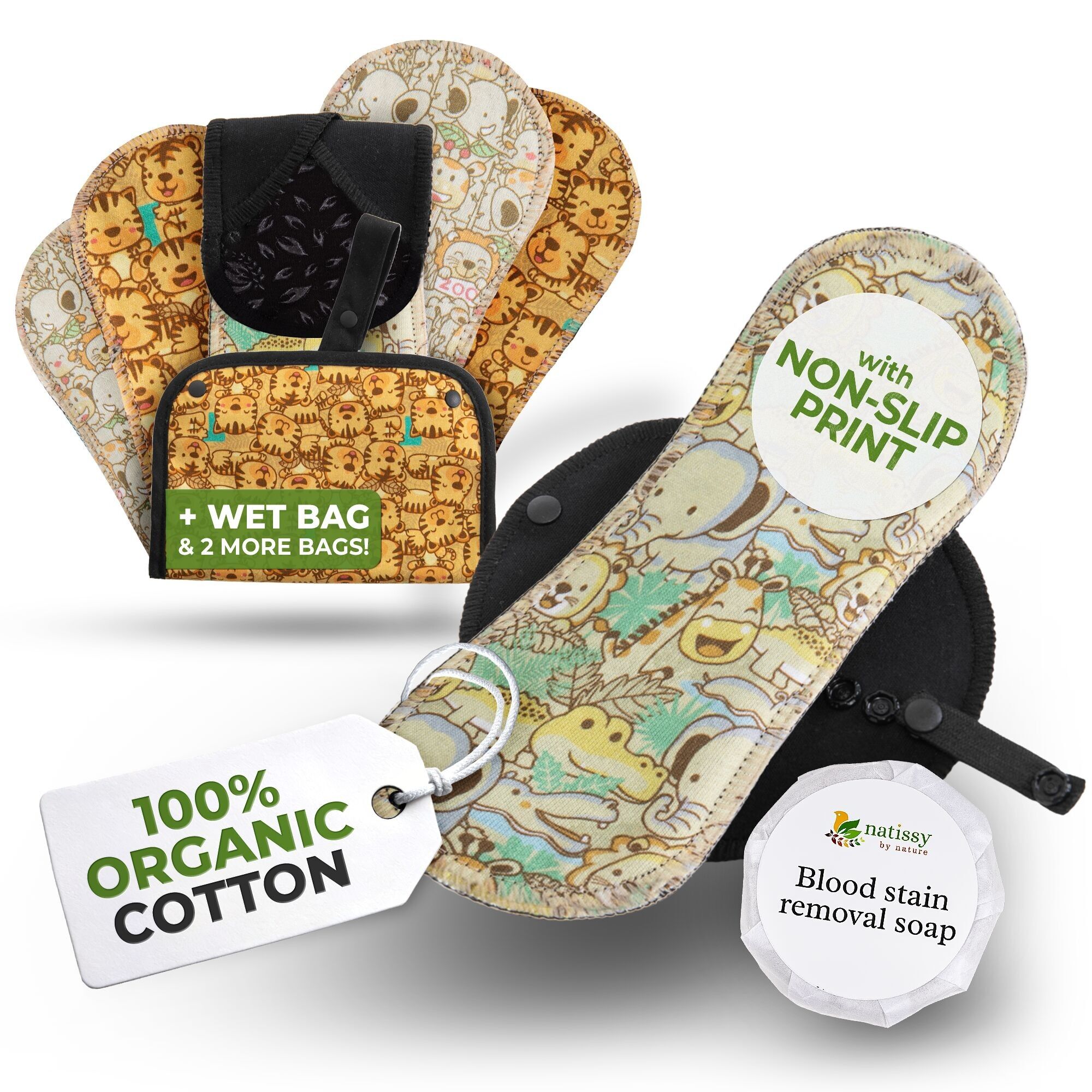 Assorbenti mestruali antiscivolo riutilizzabili per ragazze adolescenti (S+M, confezione da 6) - Safari