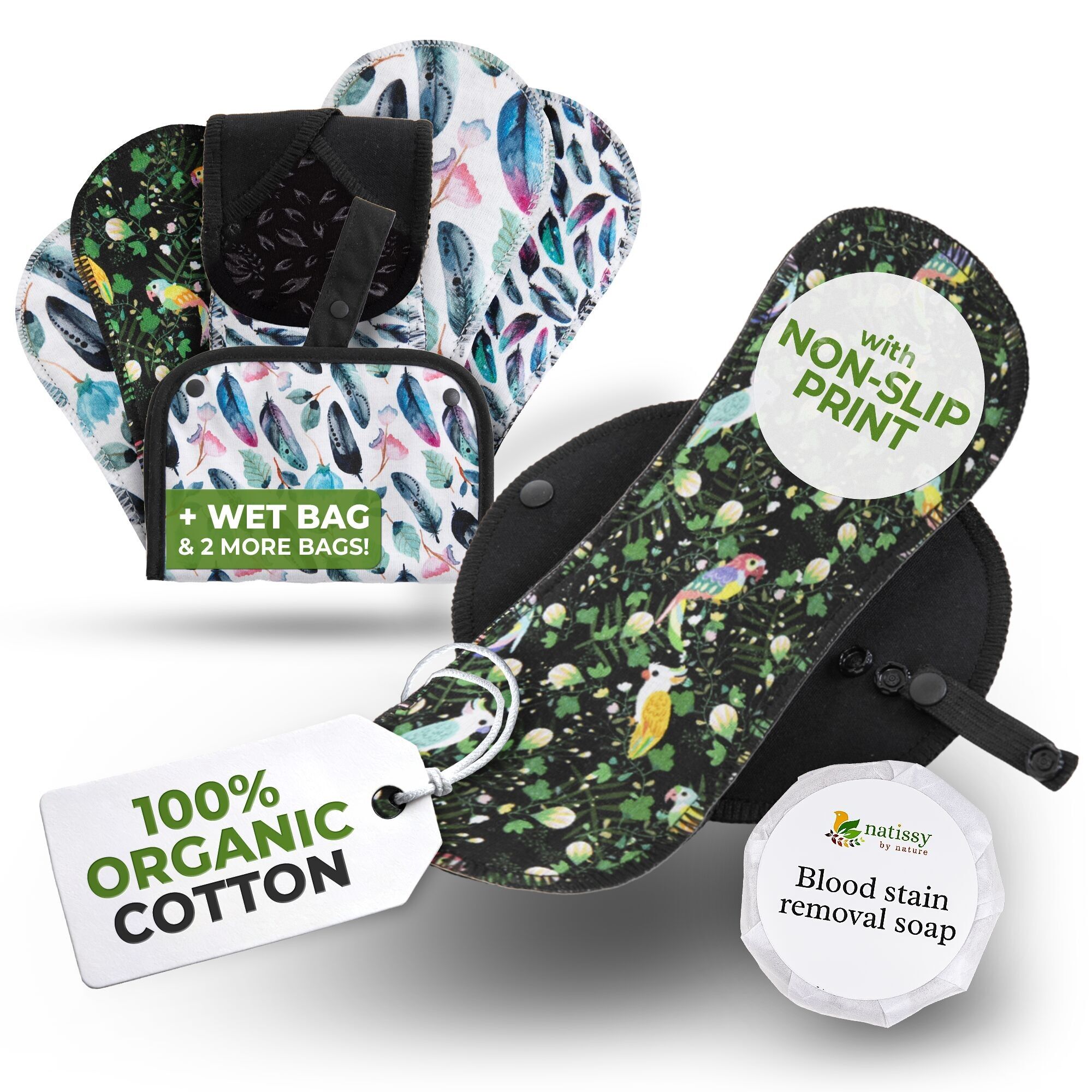 Assorbenti mestruali antiscivolo riutilizzabili per ragazze adolescenti (S+M, confezione da 6) - Feathers