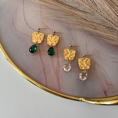 Orecchini pendenti in ottone martellato placcato oro 18k con cristallo – Fatto a mano in Italia