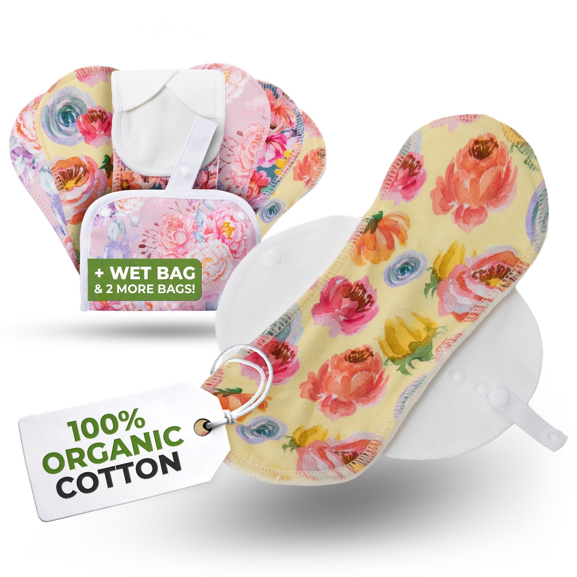 Salvaslip riutilizzabili EcoComfort in cotone biologico per donne e adolescenti (piccoli, confezione da 7) - Blossom