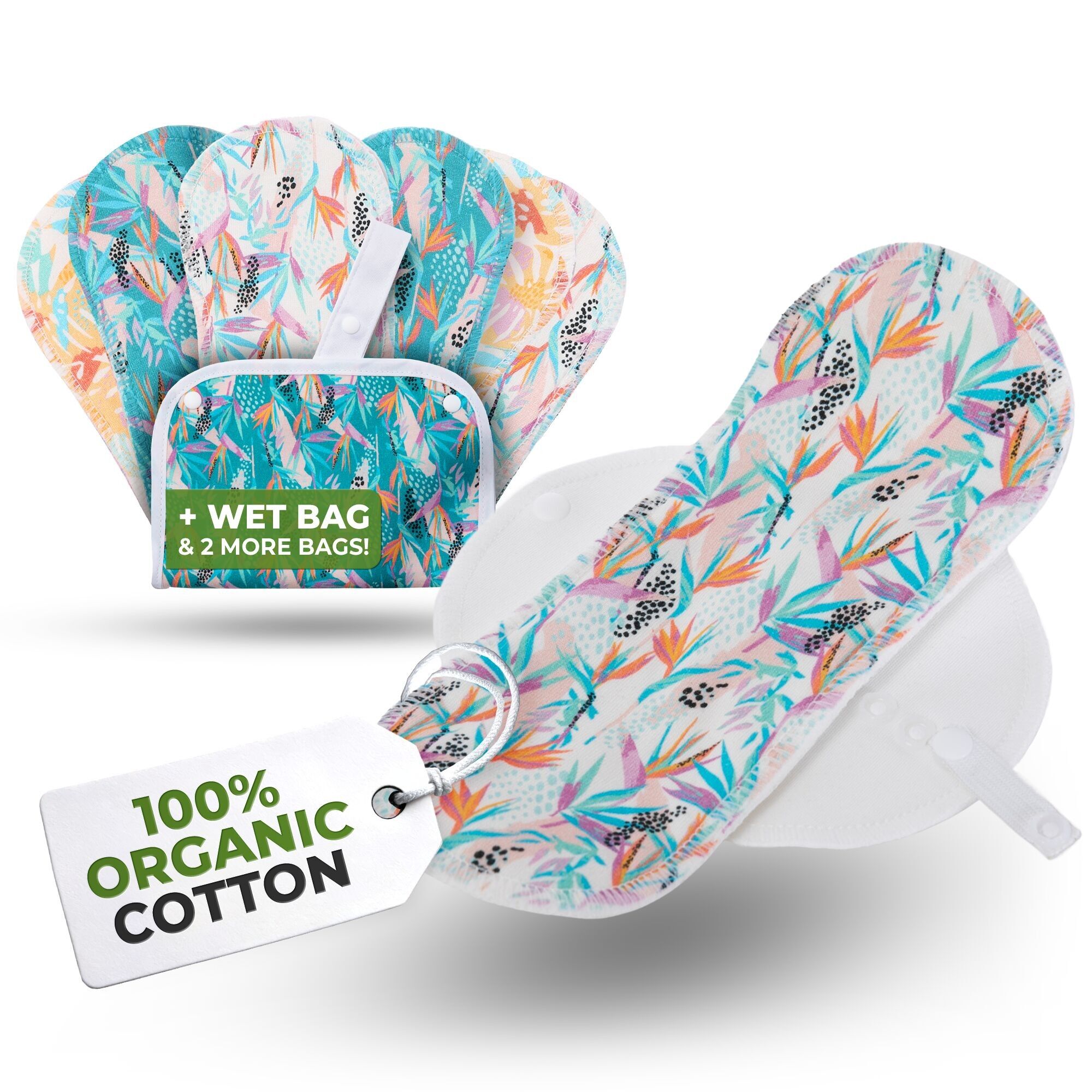 Salvaslip riutilizzabili EcoComfort in cotone biologico per donne e adolescenti (piccoli, confezione da 7) - Monstera