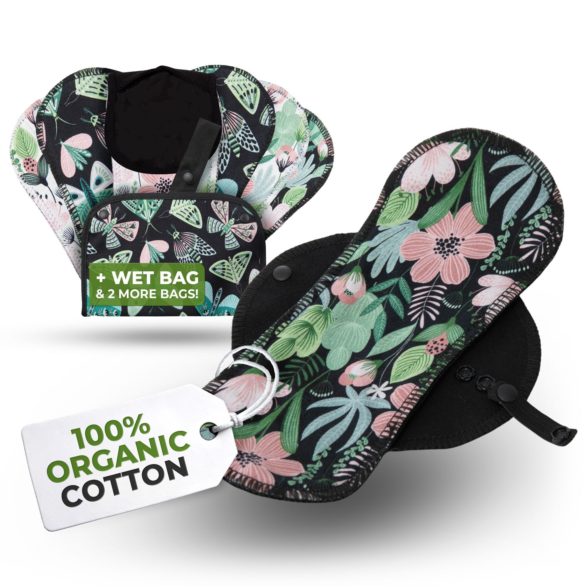 Salvaslip riutilizzabili EcoComfort in cotone biologico per donne e adolescenti (piccoli, confezione da 7) - Evergreen