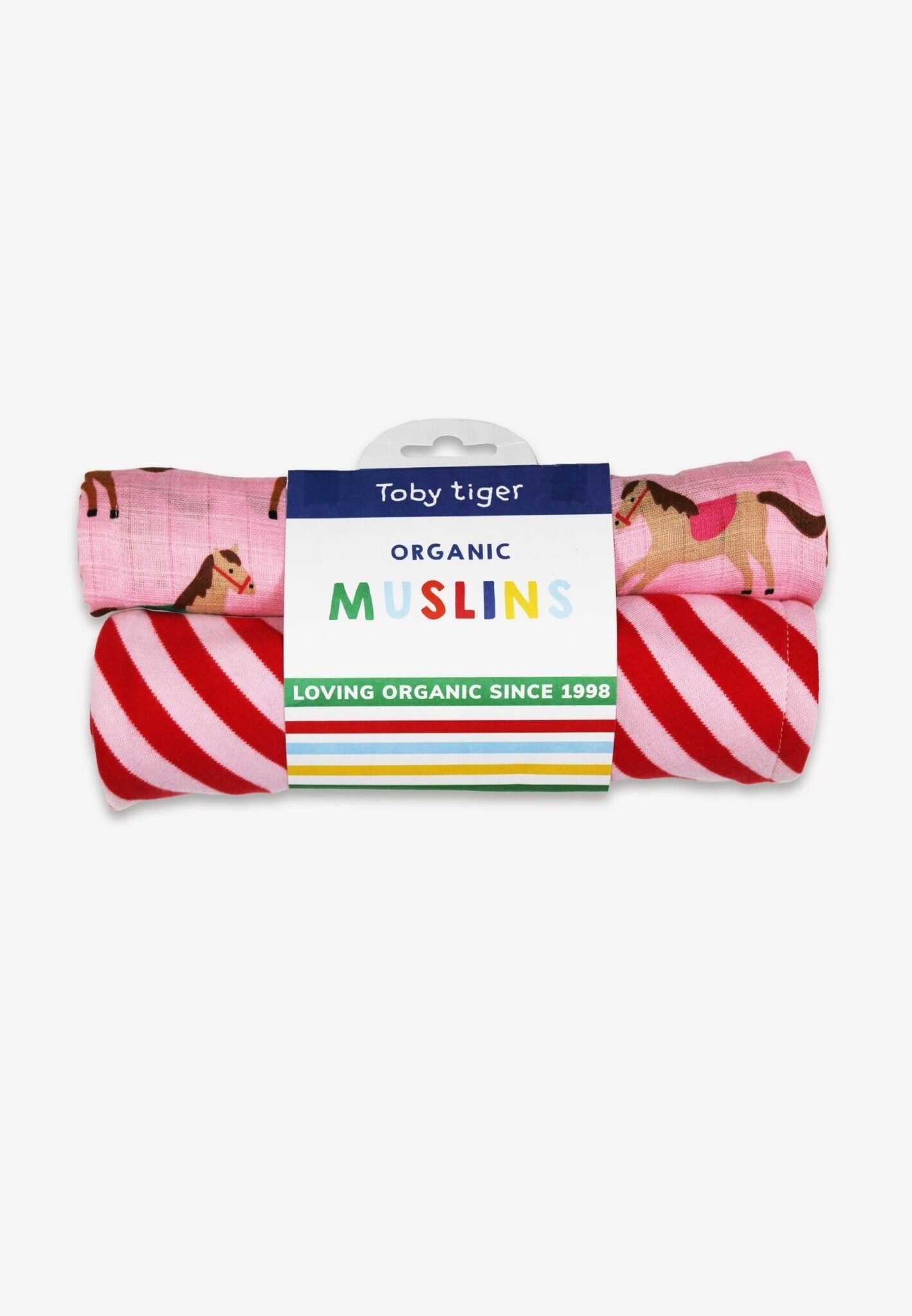 Confezione da 2 mussole con stampa di cavalli e pony rosa biologici