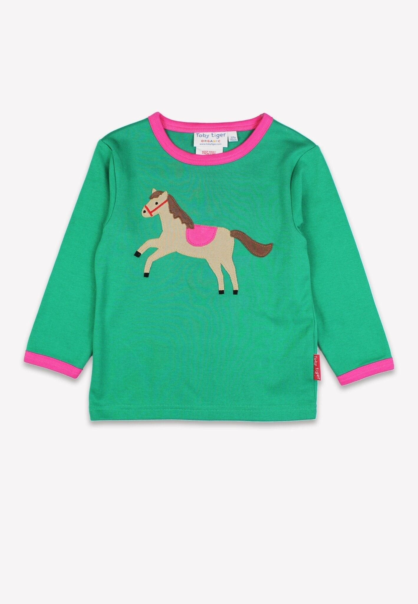 Maglietta a maniche lunghe con applicazione di cavallo verde biologico