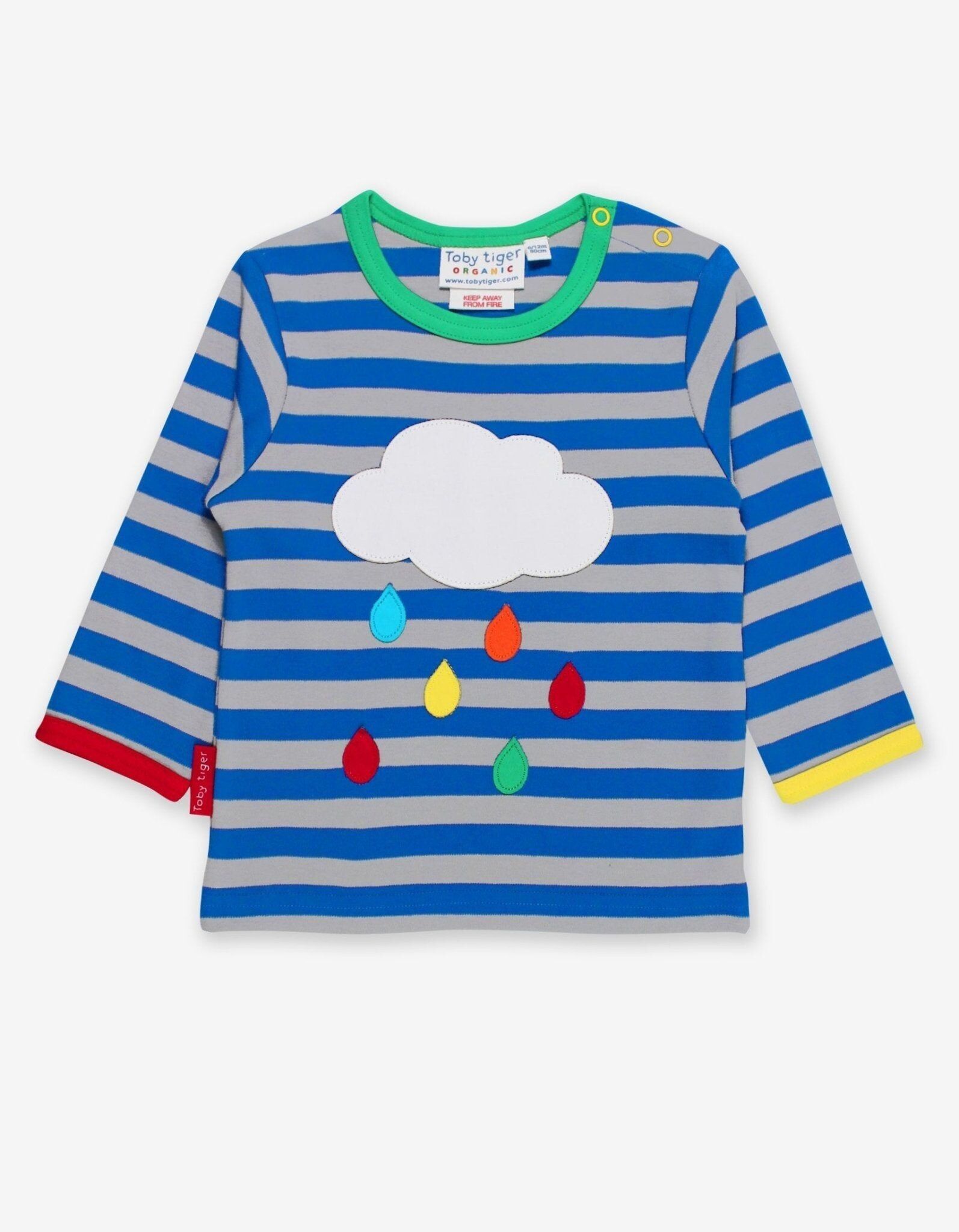 T-shirt con applique nuvola con gocce di pioggia arcobaleno organico