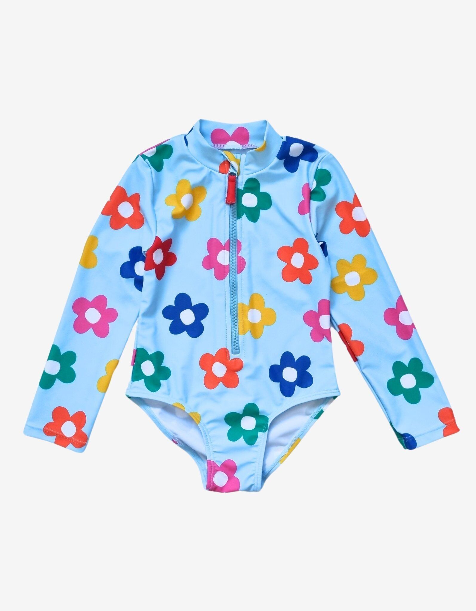 Traje de baño de manga larga con estampado de flores de arcoíris