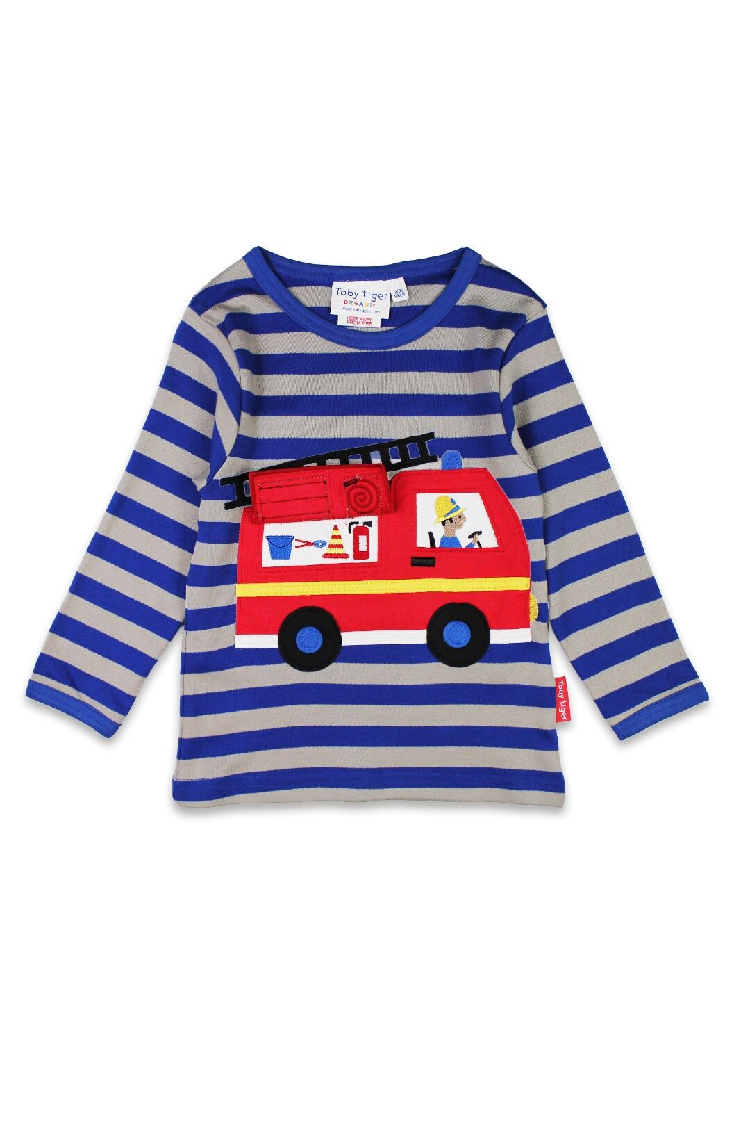 Camiseta de manga larga con aplique de camión de bomberos azul orgánico