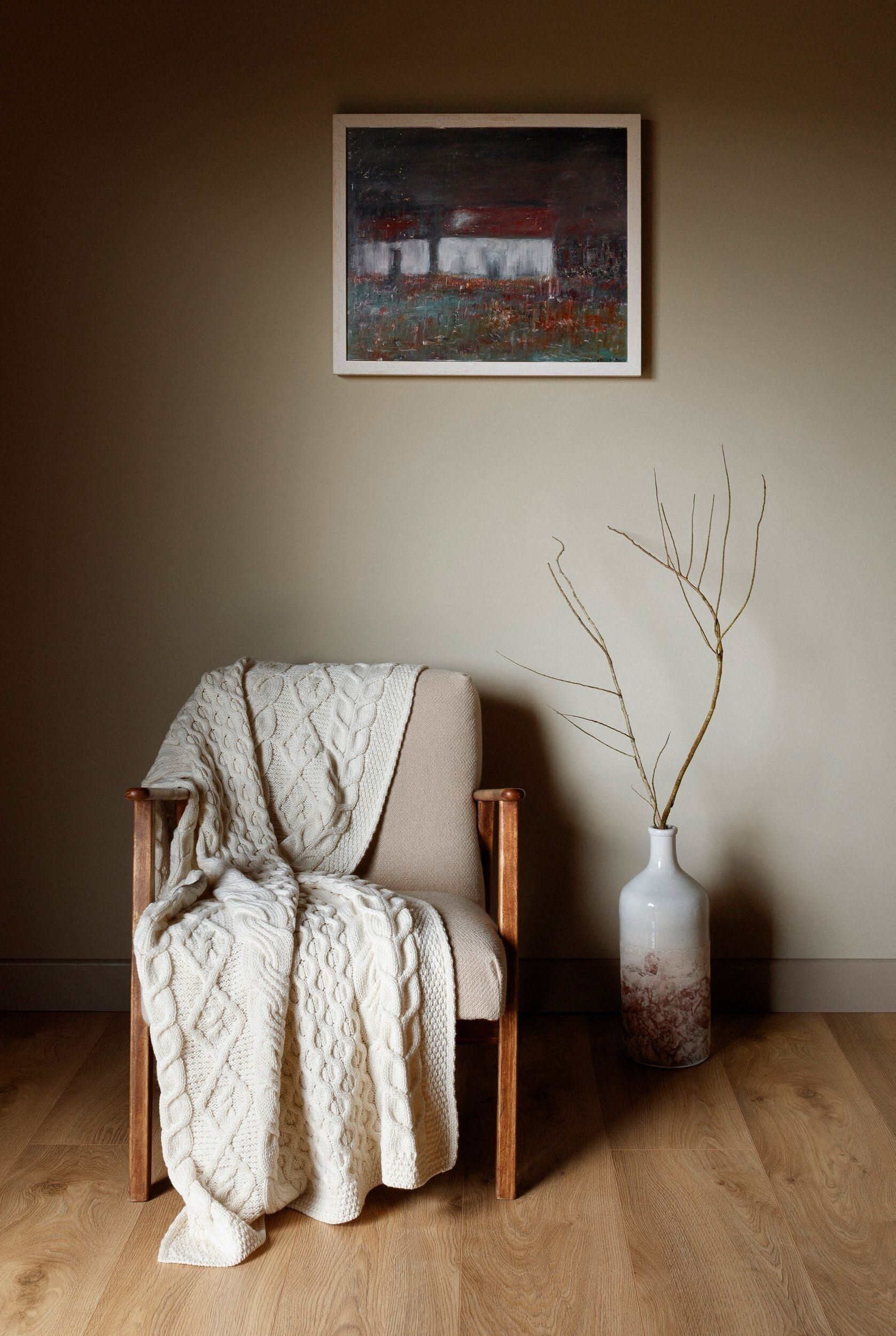 Dugort Honey, Diamond & Cable Aran Blanket - Cream