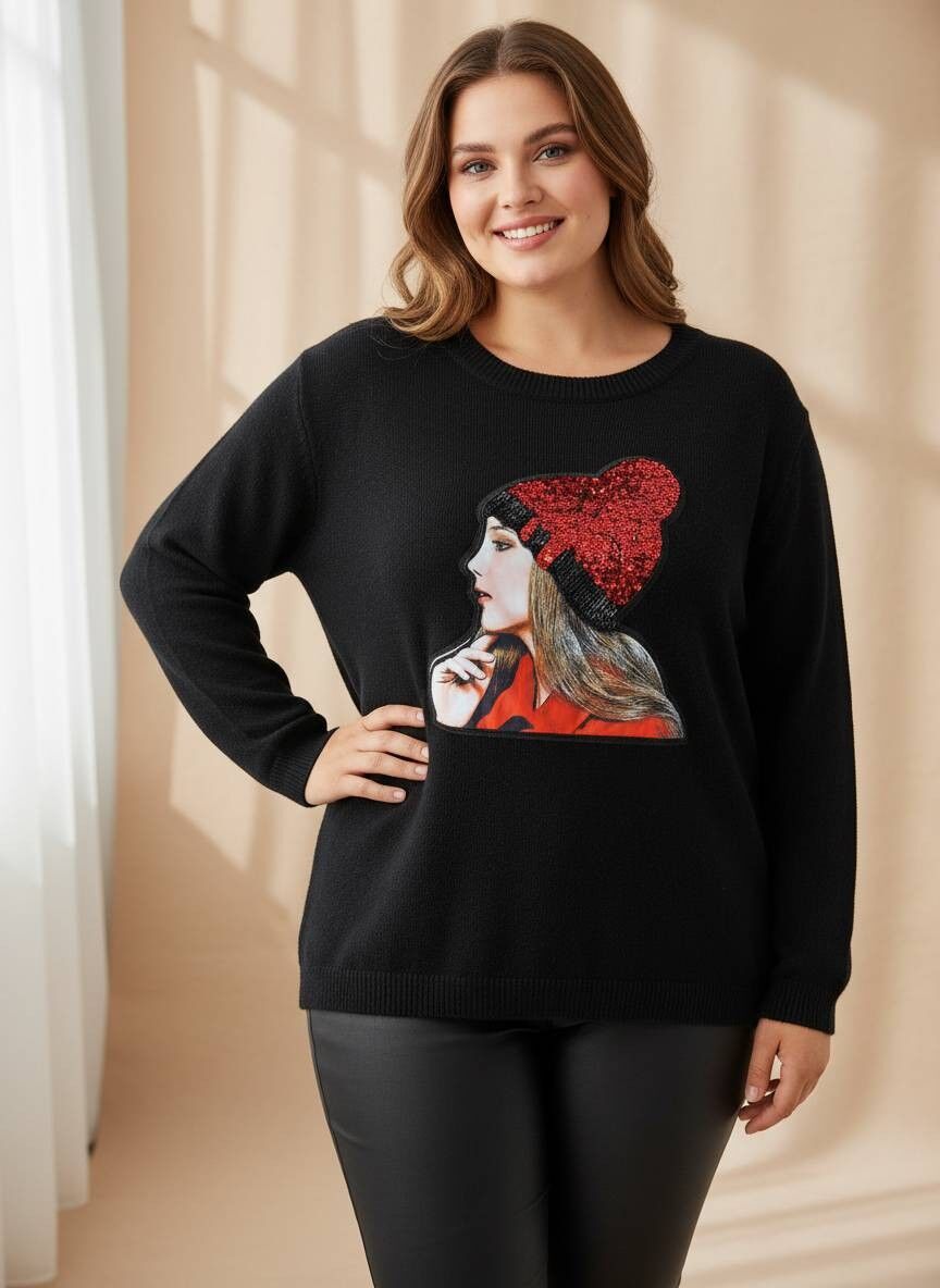 Suéter negro de talla grande con estampado (XJ037)