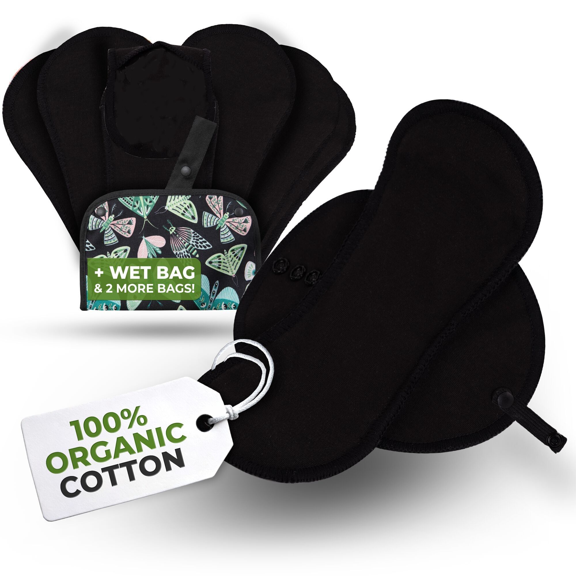 Salvaslip riutilizzabili EcoComfort in cotone biologico per donne e adolescenti (medio, confezione da 7) - Nero semplice