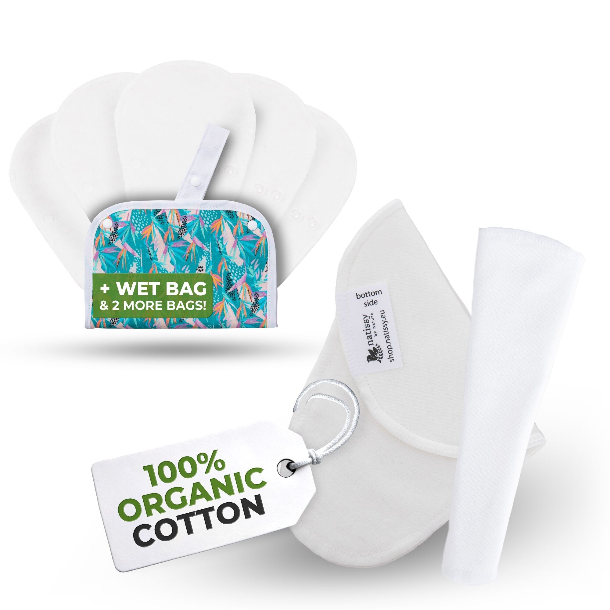 Salvaslip riutilizzabili EcoComfort in cotone biologico per donne e adolescenti (Tanga, confezione da 7) - Bianco semplice