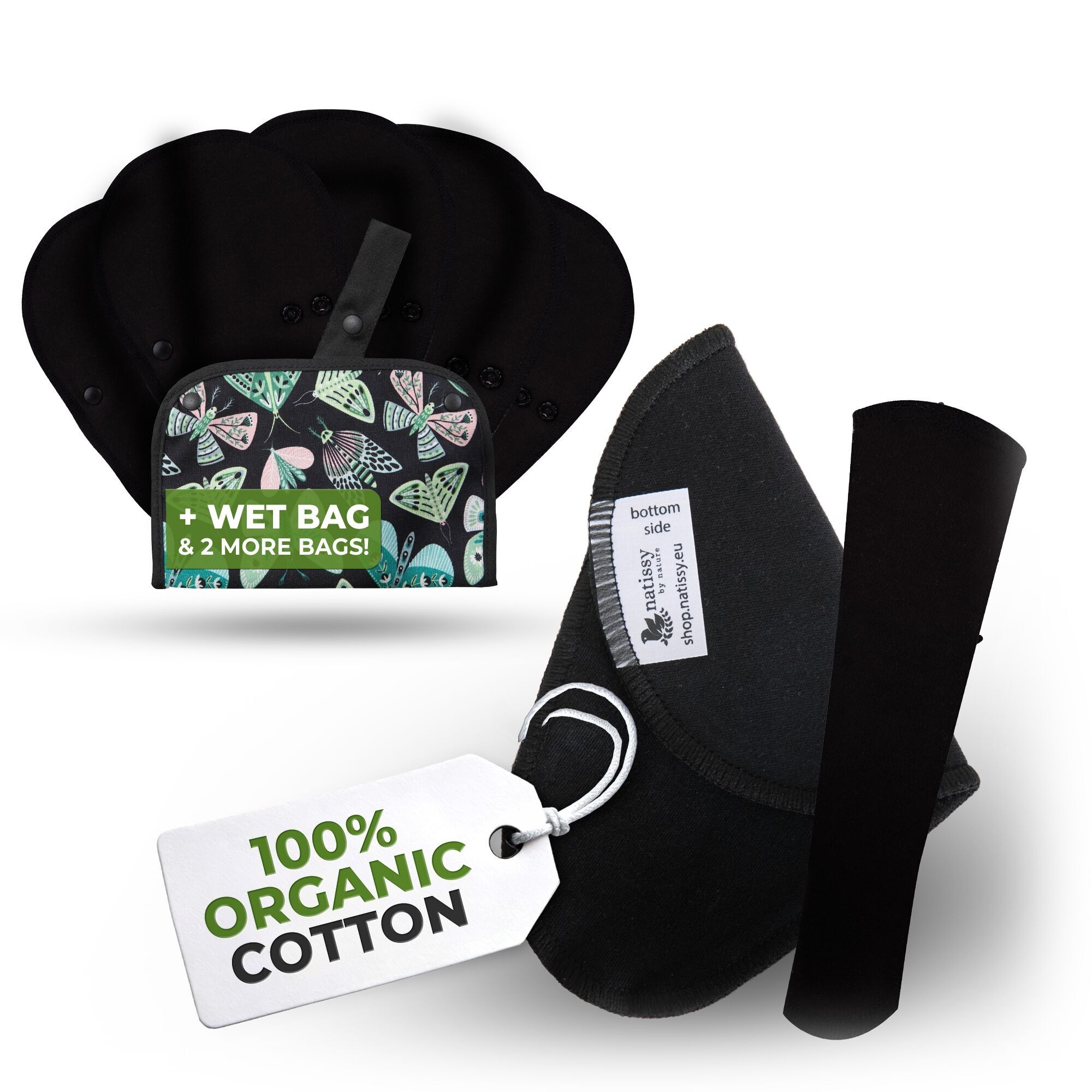 Salvaslip riutilizzabili EcoComfort in cotone biologico per donne e adolescenti (Tanga, confezione da 7) - Nero semplice