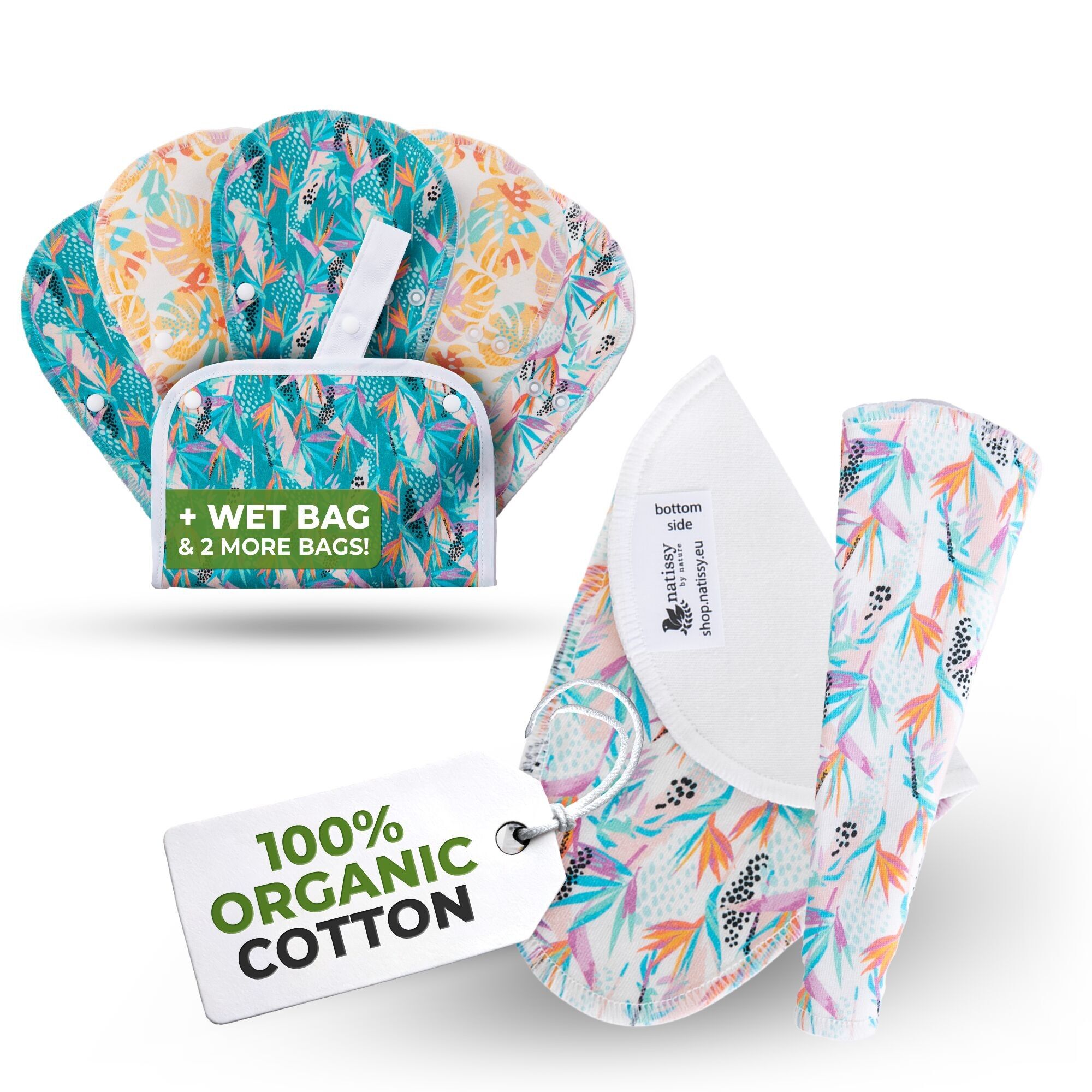 Salvaslip riutilizzabili EcoComfort in cotone biologico per donne e adolescenti (Tanga, confezione da 7) - Monstera