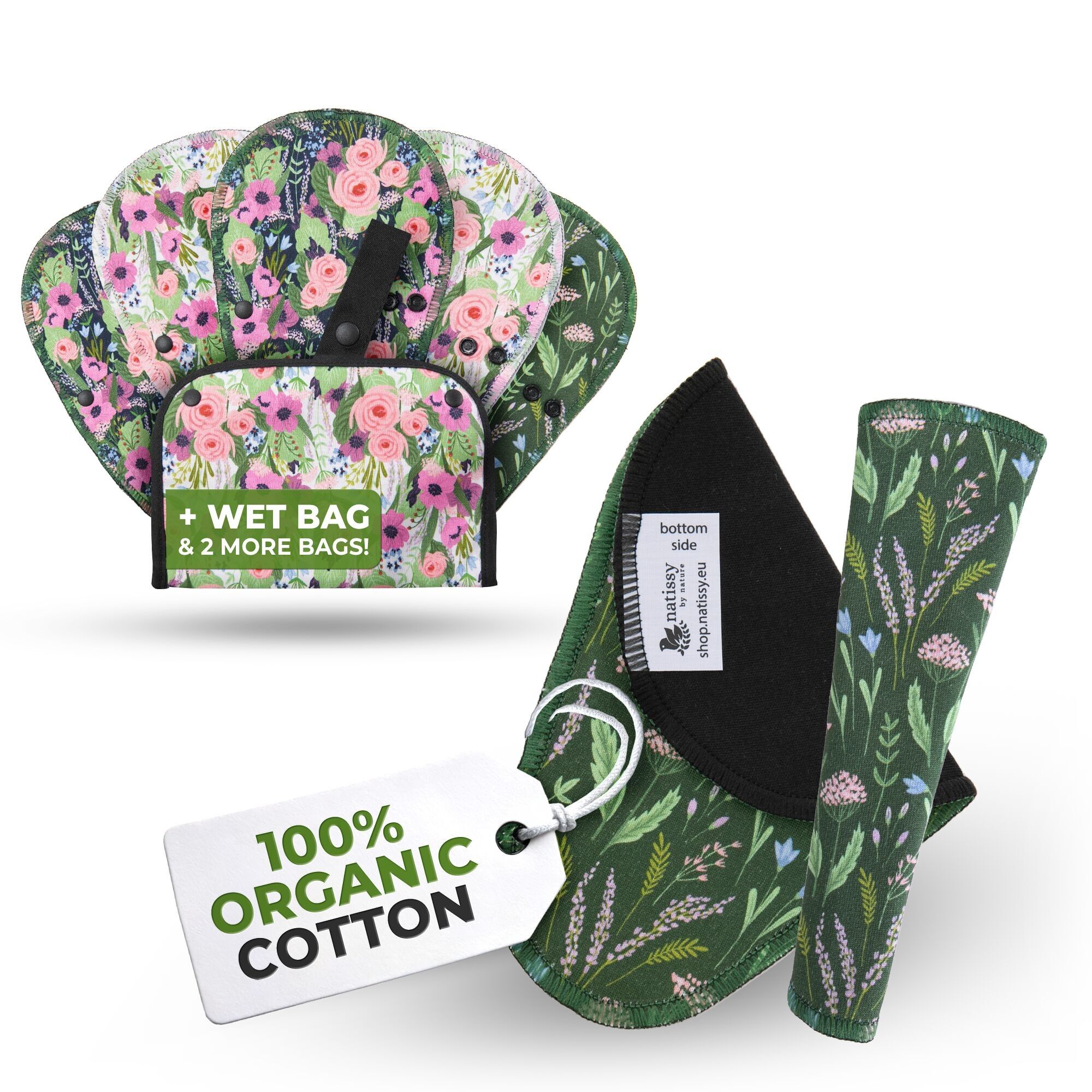 Salvaslip riutilizzabili EcoComfort in cotone biologico per donne e adolescenti (Tanga, confezione da 7) - Botanico