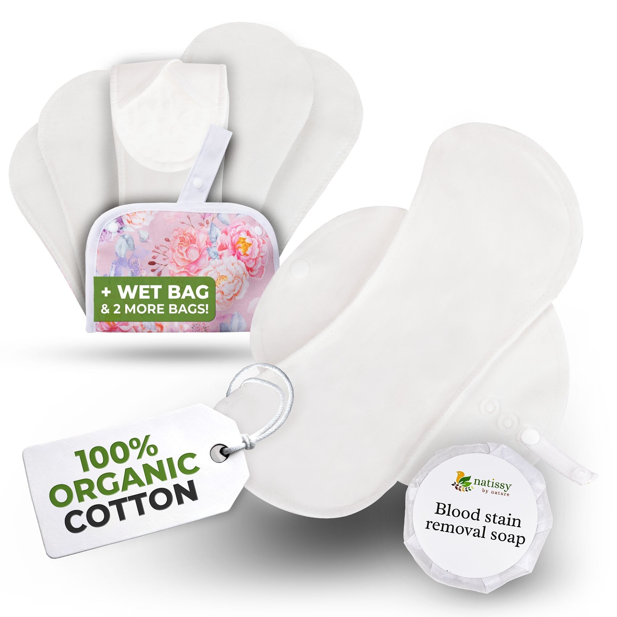 Assorbenti riutilizzabili EcoComfort in cotone biologico per flusso leggero (S+M, confezione da 6) - Bianco semplice