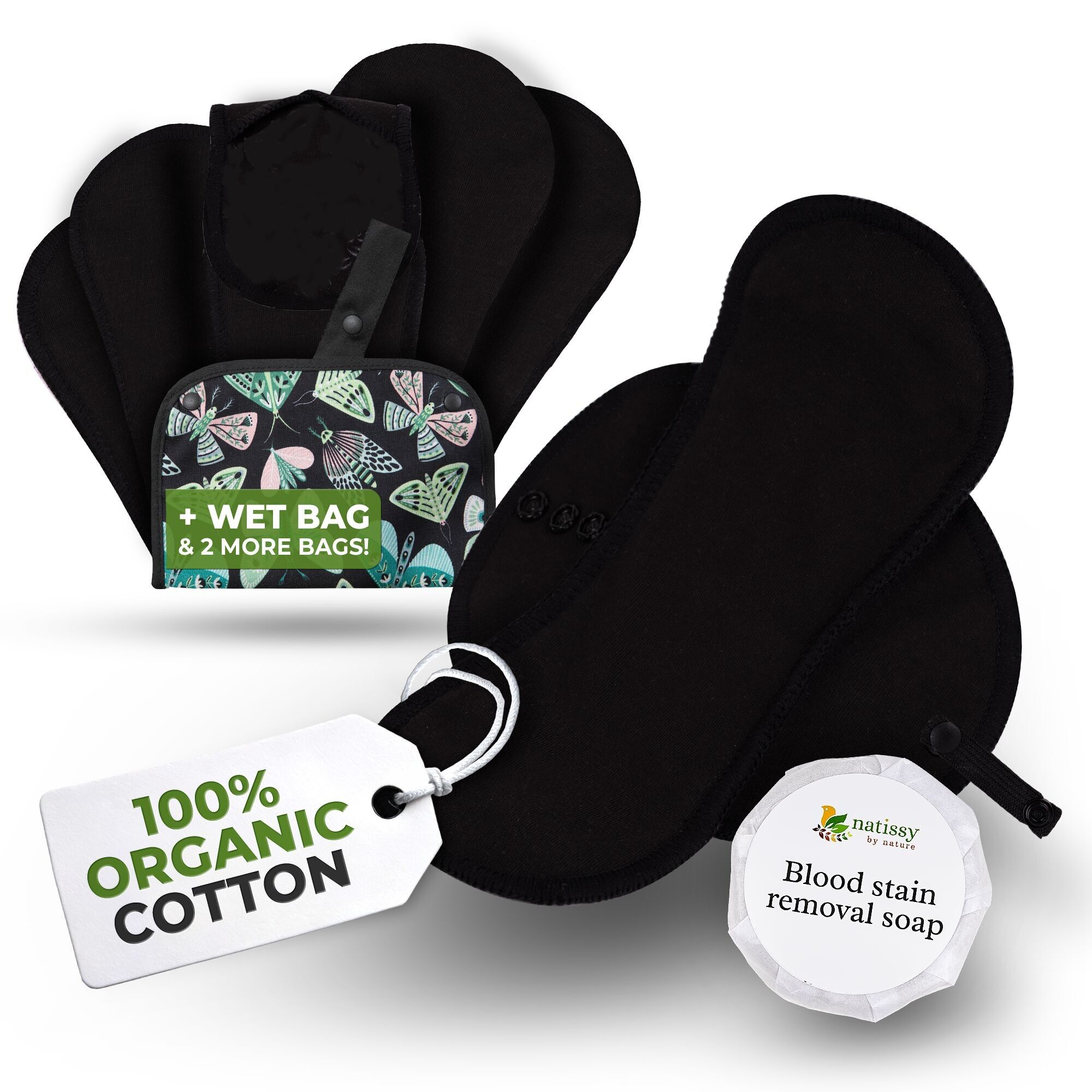 Assorbenti riutilizzabili EcoComfort in cotone biologico per flusso leggero (S+M, confezione da 6) - Nero semplice