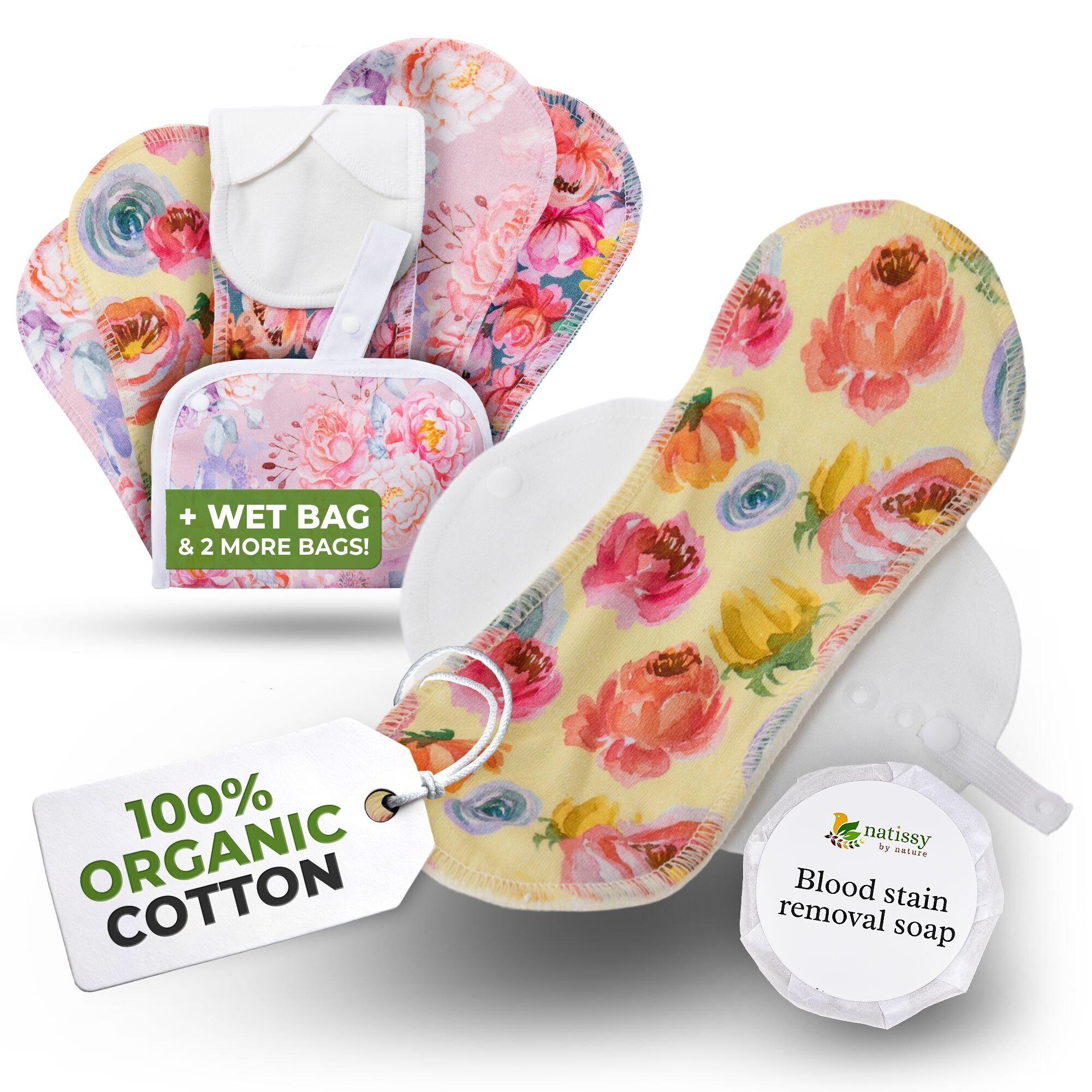 Assorbenti riutilizzabili EcoComfort in cotone biologico per flusso leggero (S+M, confezione da 6) - Blossom