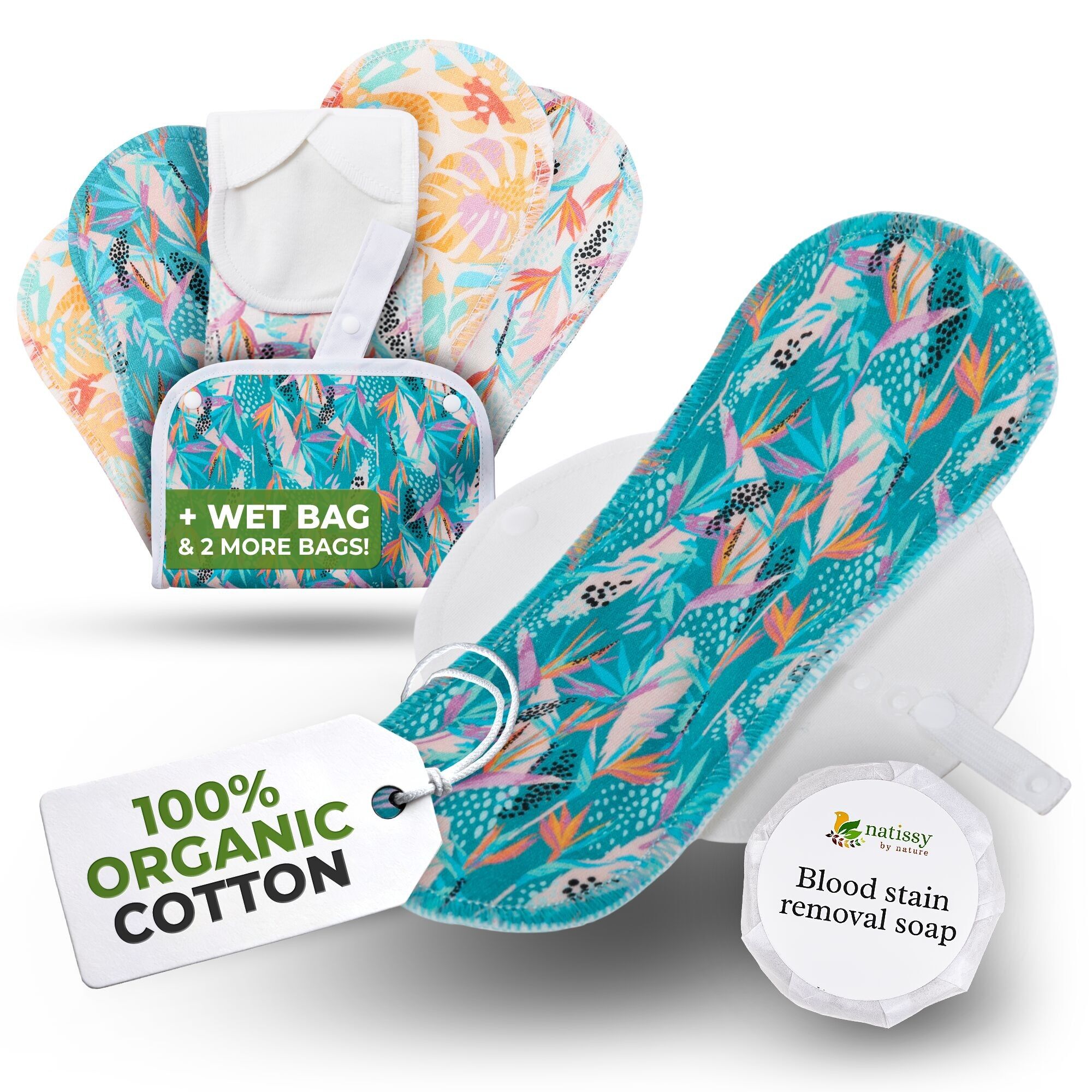 Assorbenti riutilizzabili EcoComfort in cotone biologico per flusso leggero (S+M, confezione da 6) - Monstera