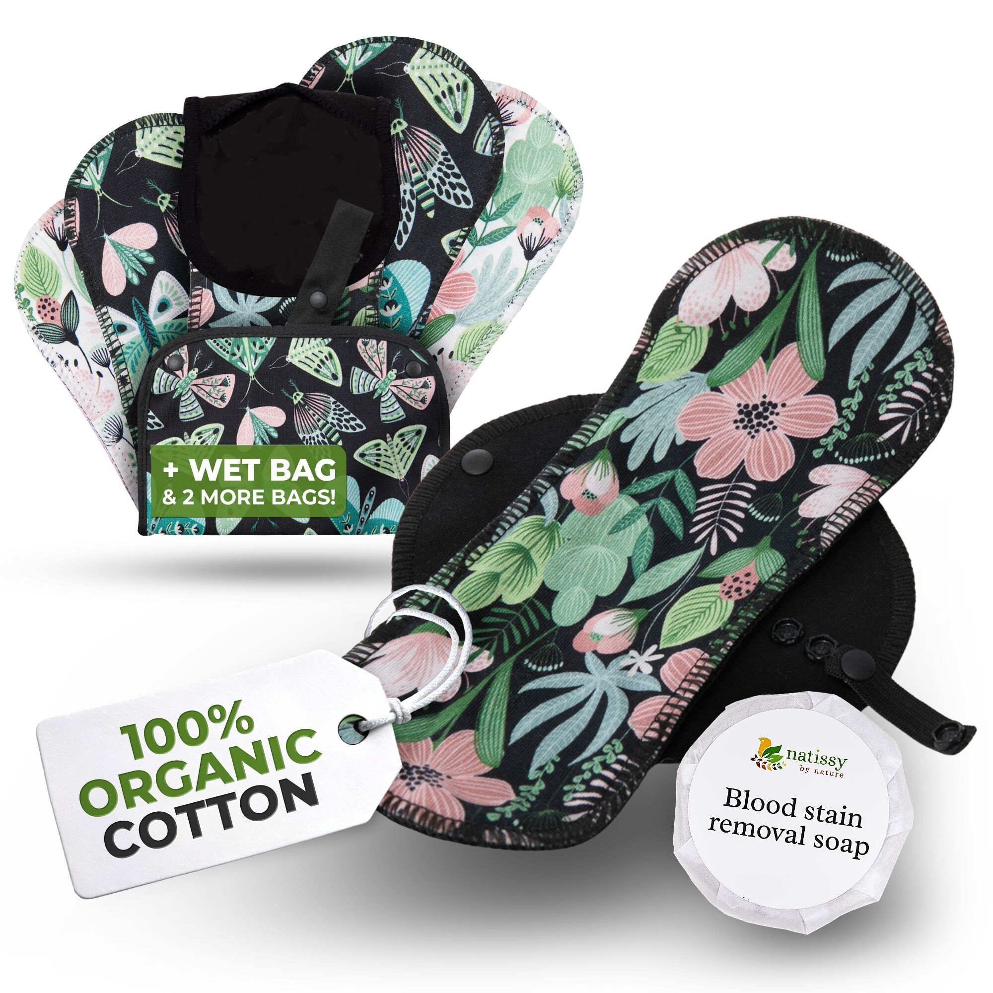 Assorbenti riutilizzabili EcoComfort in cotone biologico per flusso leggero (S+M, confezione da 6) - Evergreen