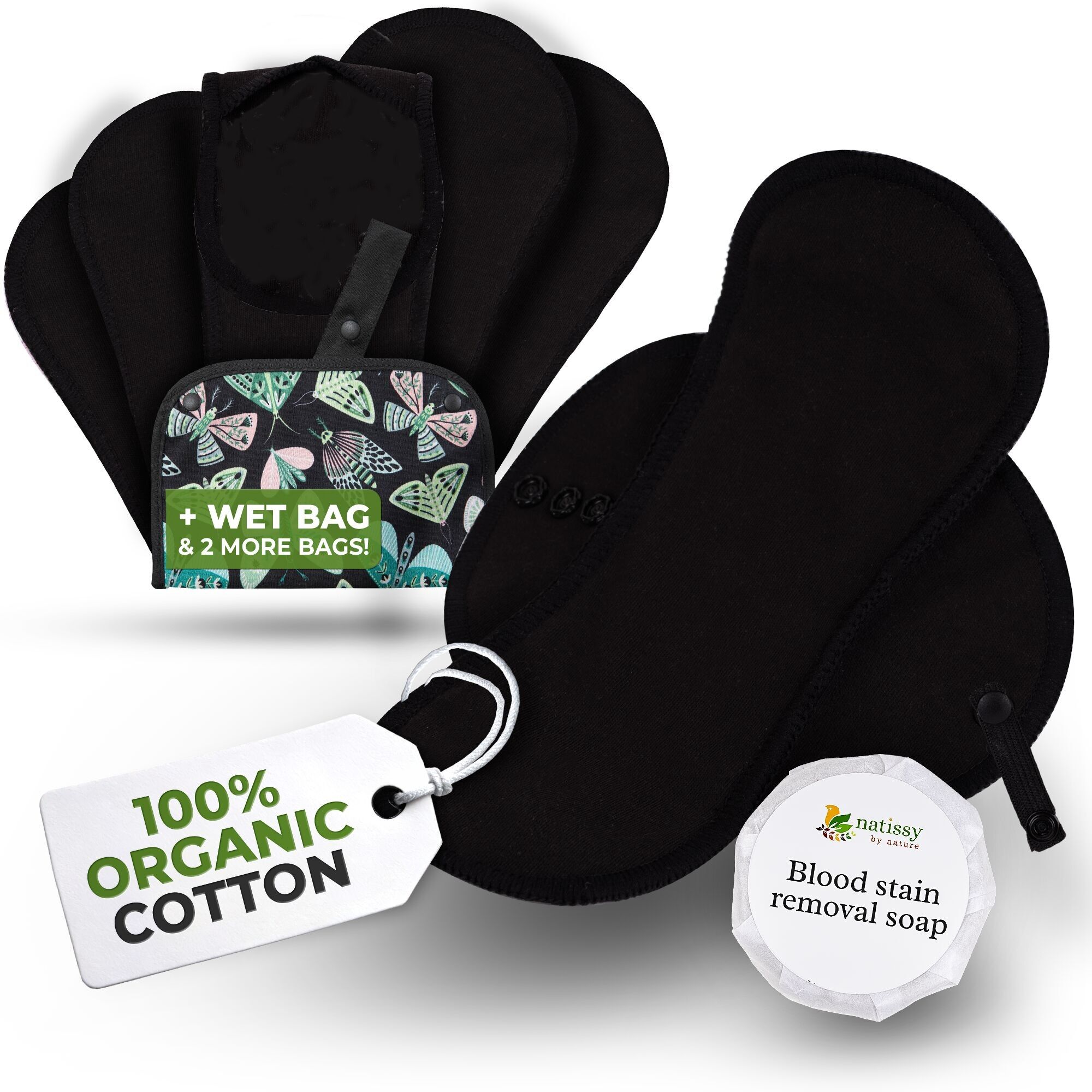 Assorbenti riutilizzabili EcoComfort in cotone biologico per flusso abbondante e incontinenza (L+XL, confezione da 6) - Nero semplice