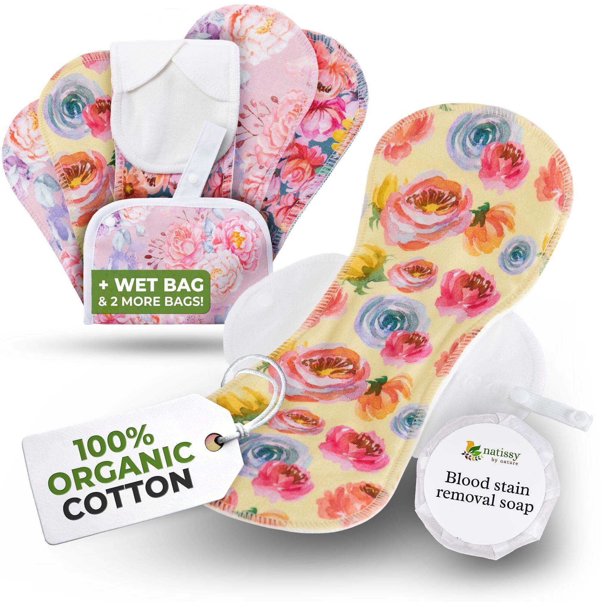 Assorbenti riutilizzabili EcoComfort in cotone biologico per flusso abbondante e incontinenza (L+XL, confezione da 6) - Blossom