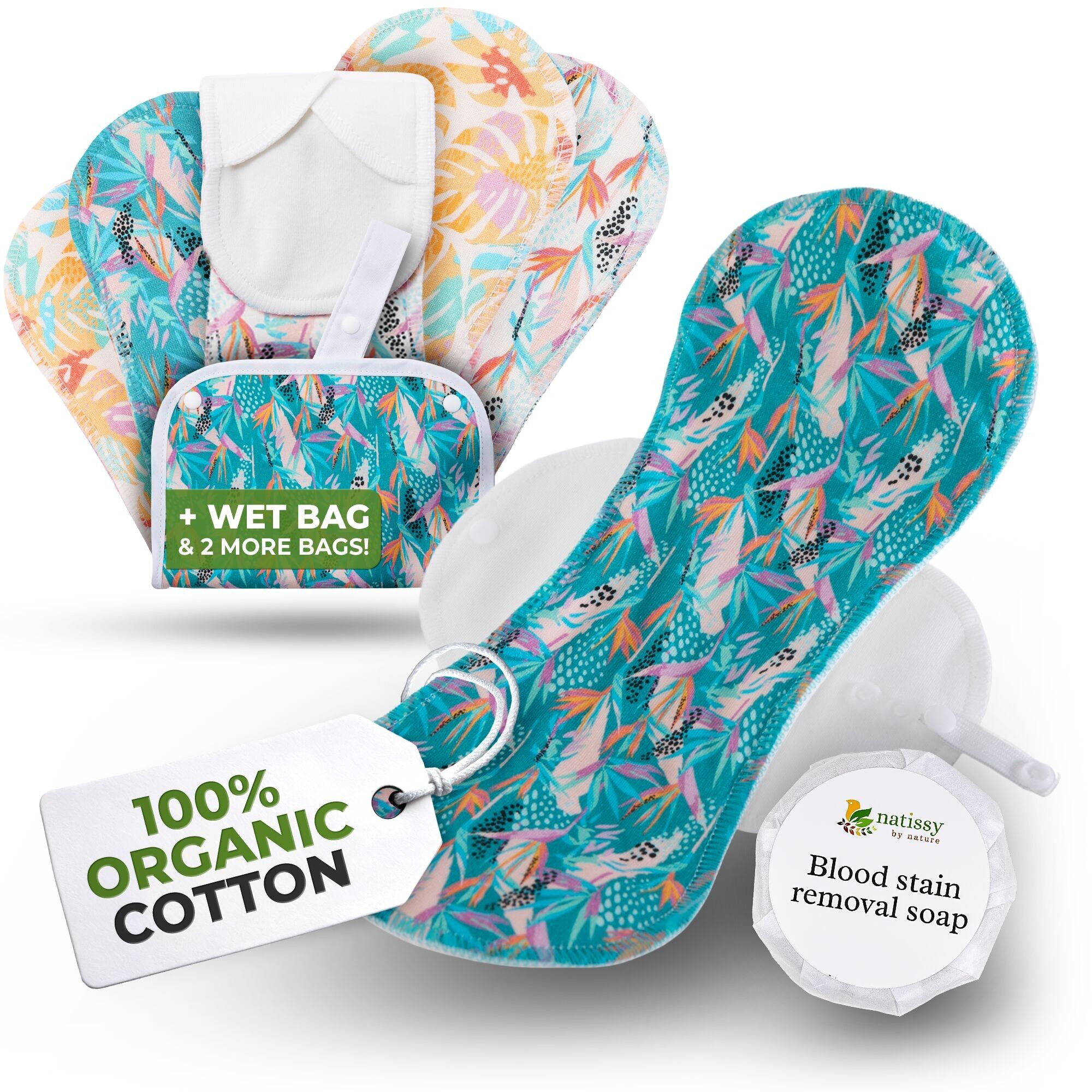 Assorbenti riutilizzabili EcoComfort in cotone biologico per flusso abbondante e incontinenza (L+XL, confezione da 6) - Monstera