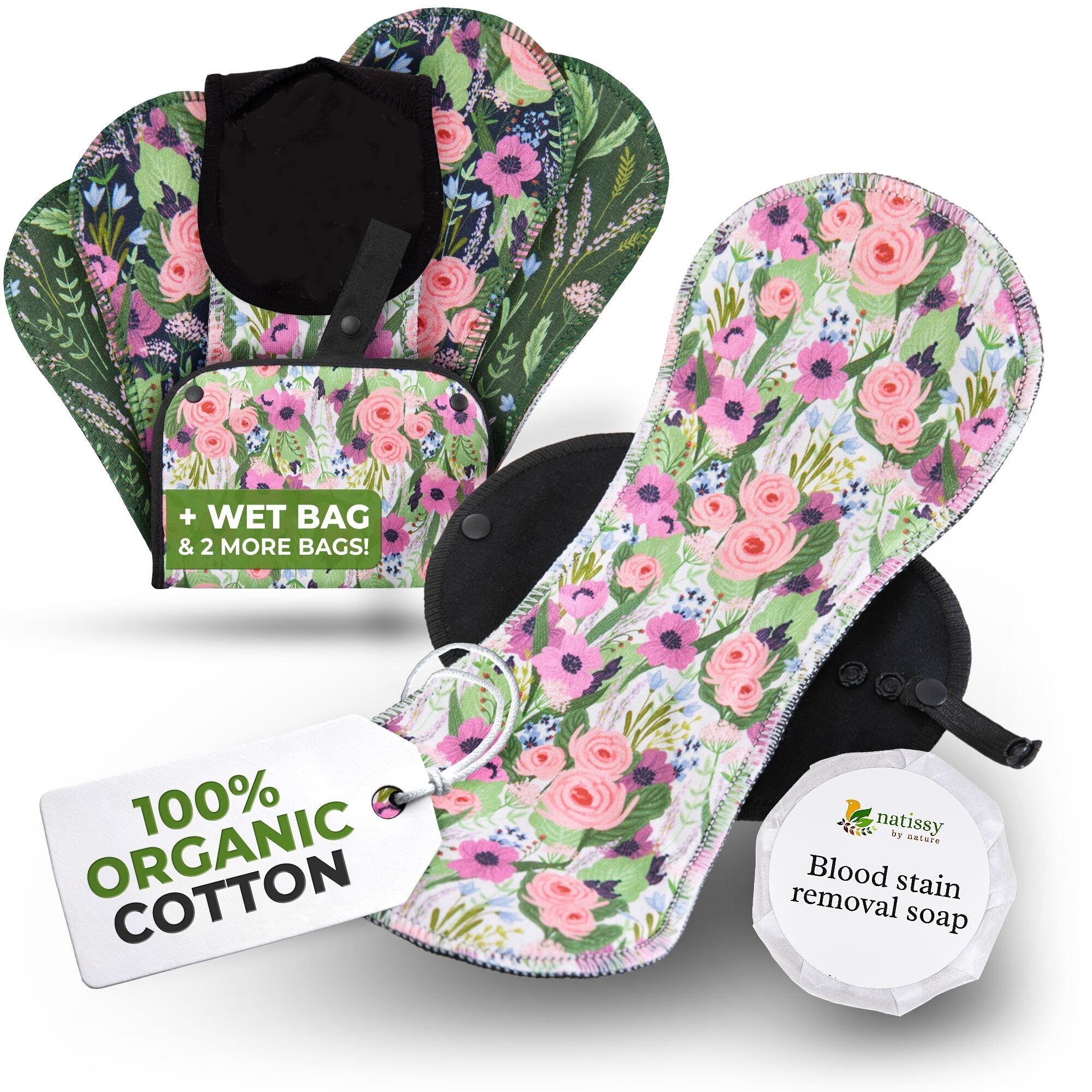 Assorbenti riutilizzabili EcoComfort in cotone biologico per flusso abbondante e incontinenza (L+XL, confezione da 6) - Botanico