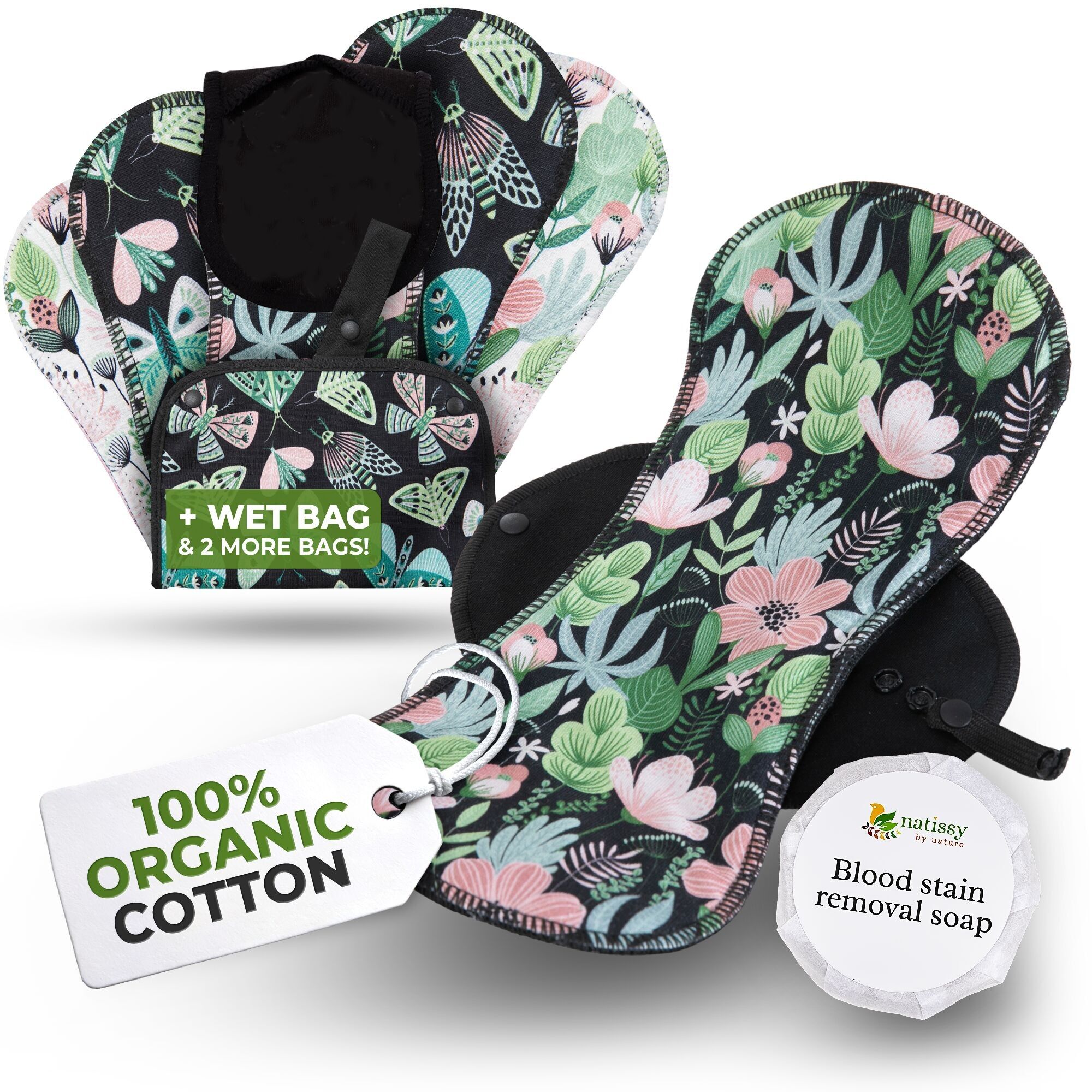 Assorbenti riutilizzabili EcoComfort in cotone biologico per flusso abbondante e incontinenza (L+XL, confezione da 6) - Evergreen