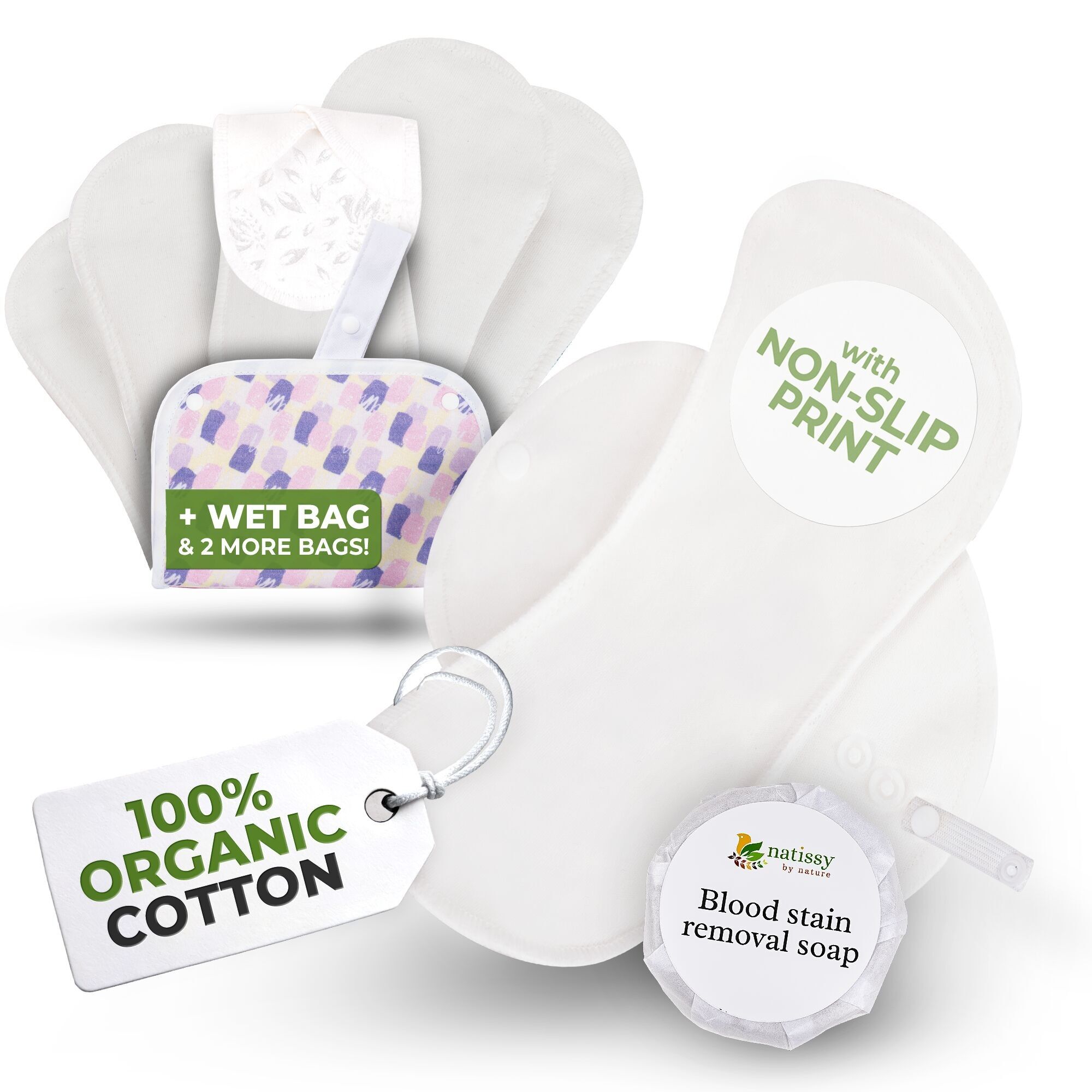 Assorbenti riutilizzabili antiscivolo organici per flusso leggero (S+M, confezione da 6) - Bianco semplice