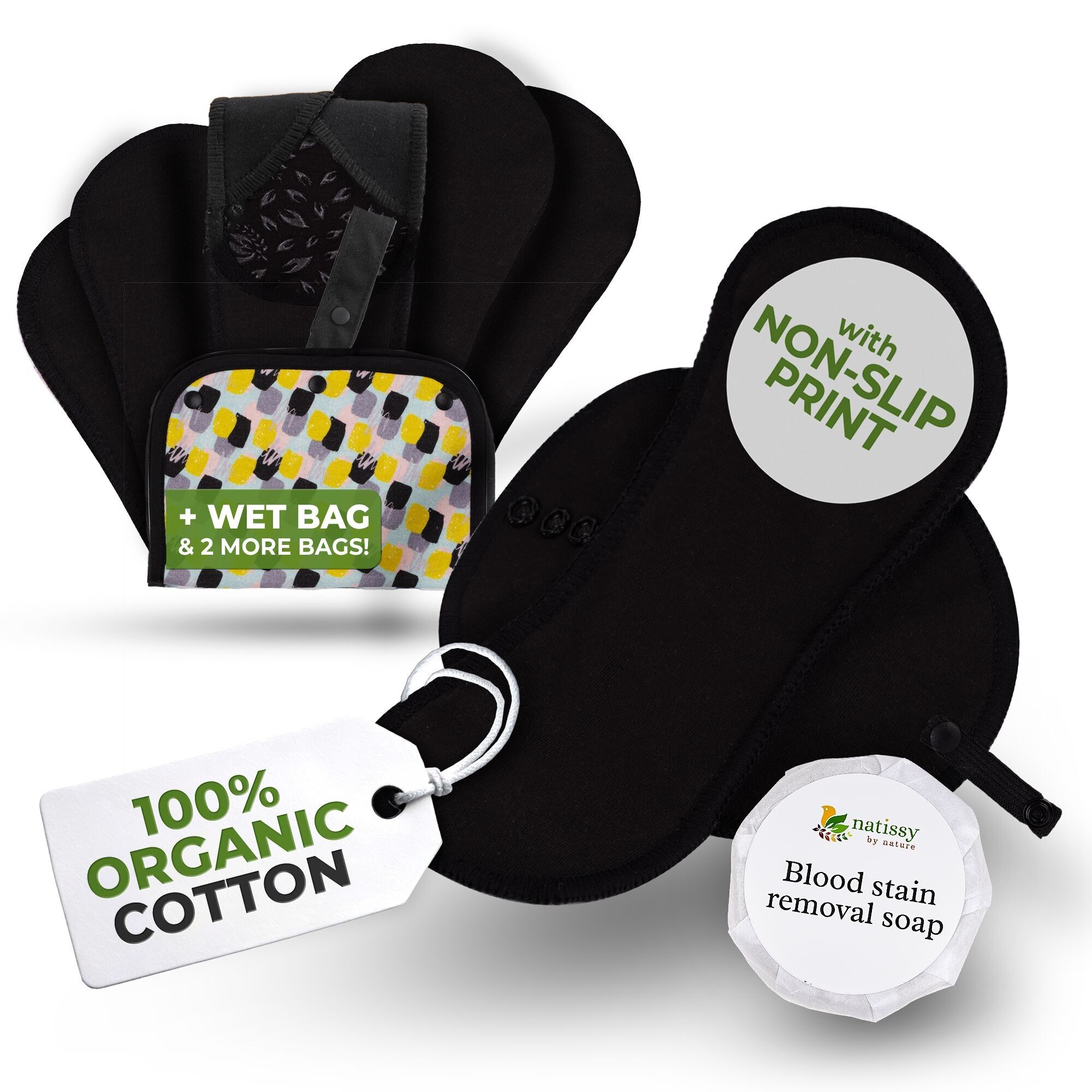 Assorbenti riutilizzabili antiscivolo organici per flusso leggero (S+M, confezione da 6) - Nero semplice