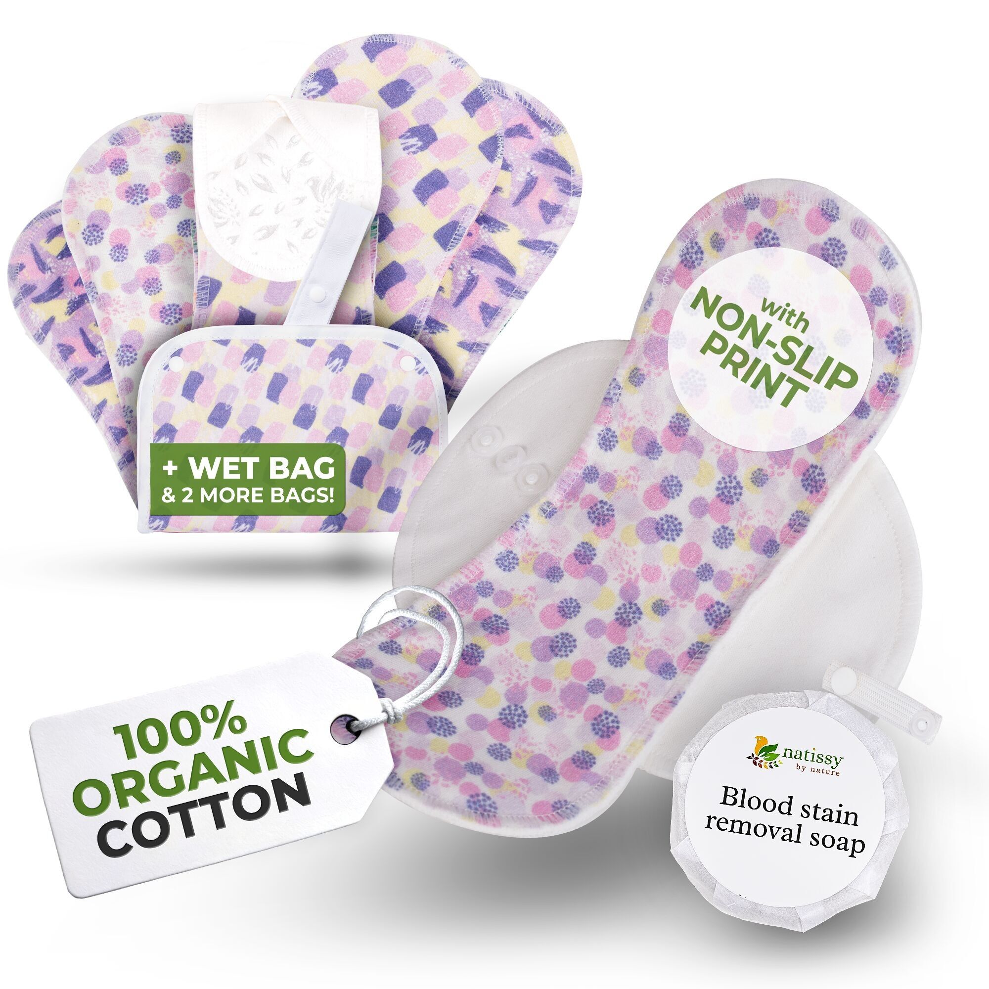 Assorbenti riutilizzabili antiscivolo organici per flusso leggero (S+M, confezione da 6) - Primavera