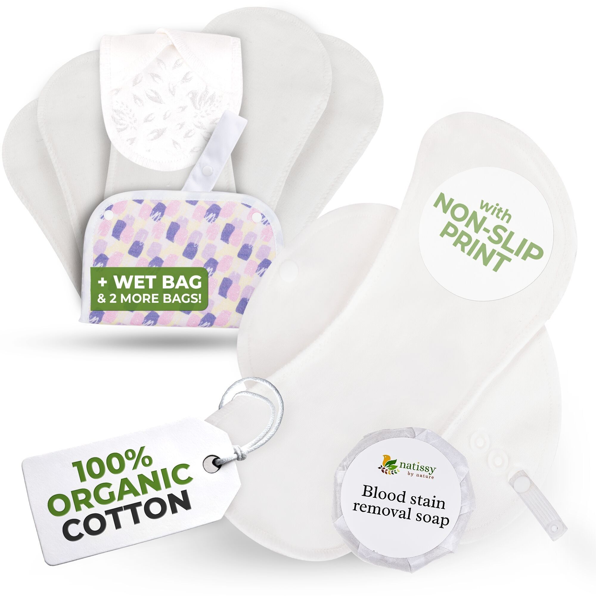 Assorbenti riutilizzabili antiscivolo organici per flusso abbondante e incontinenza (L+XL, confezione da 6) - Bianco semplice