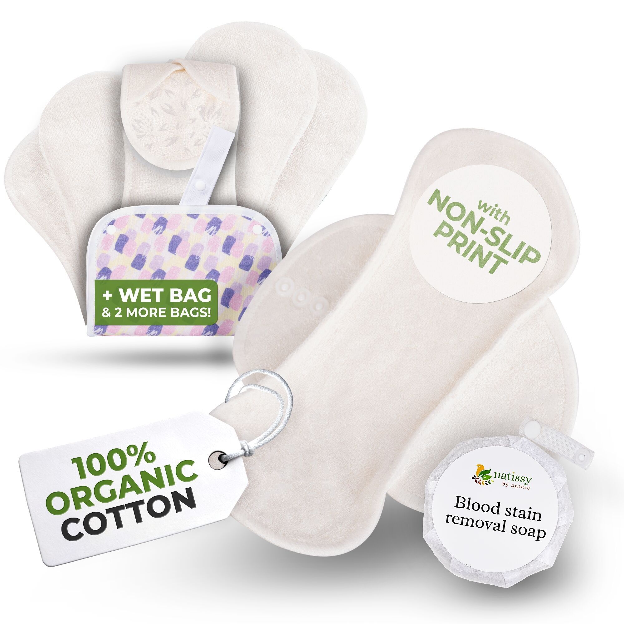 Assorbenti riutilizzabili antiscivolo organici per flusso leggero (S+M, confezione da 6) - Bambù bianco semplice