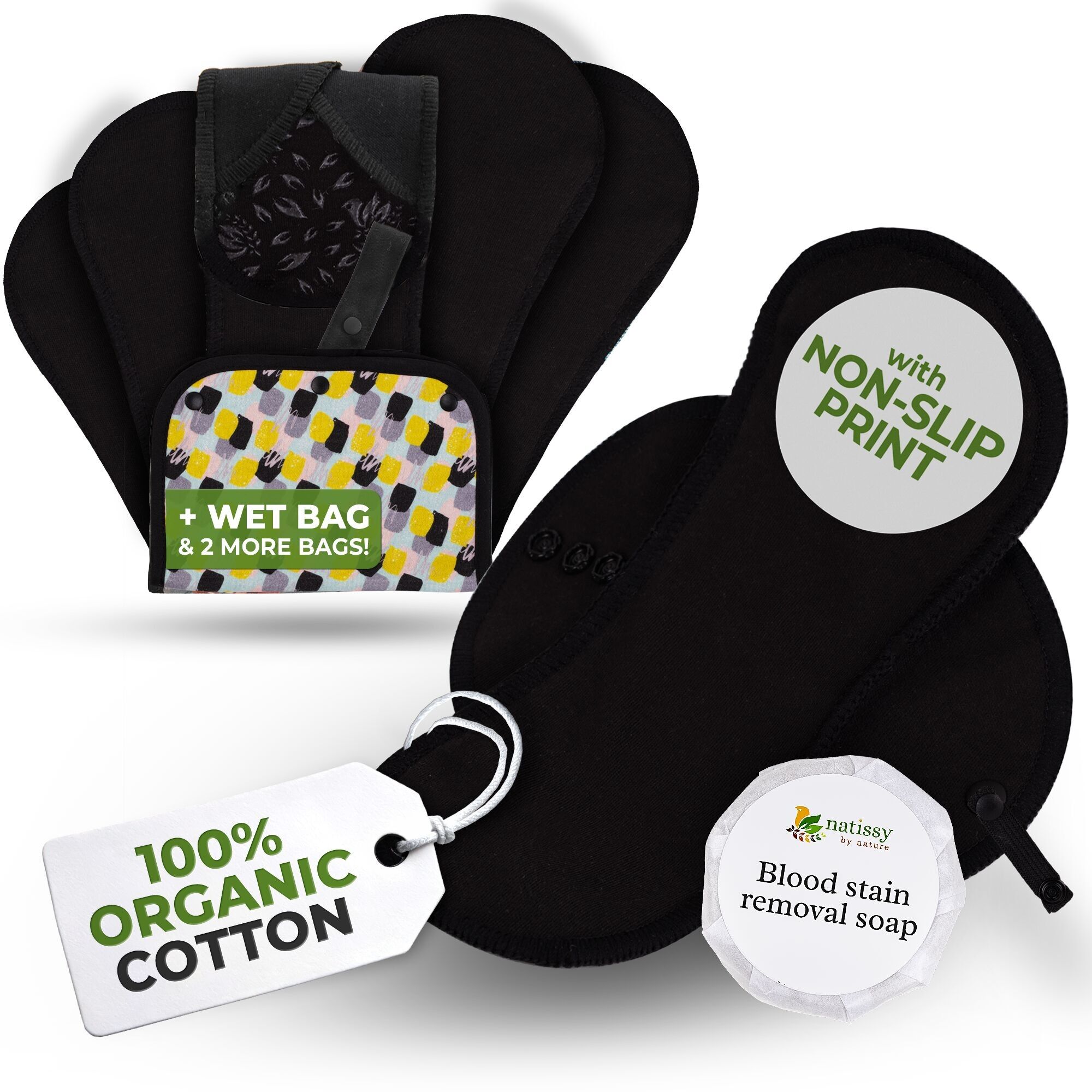 Assorbenti riutilizzabili antiscivolo organici per flusso abbondante e incontinenza (L+XL, confezione da 6) - Nero semplice