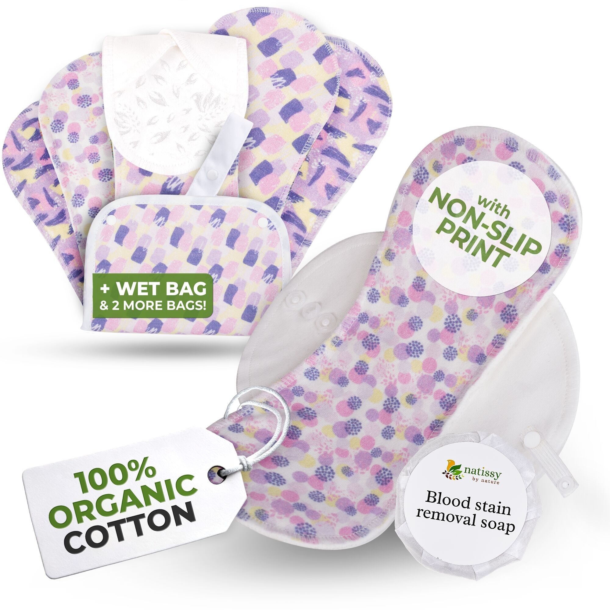 Assorbenti riutilizzabili antiscivolo organici per flusso abbondante e incontinenza (L+XL, confezione da 6) - Springtime