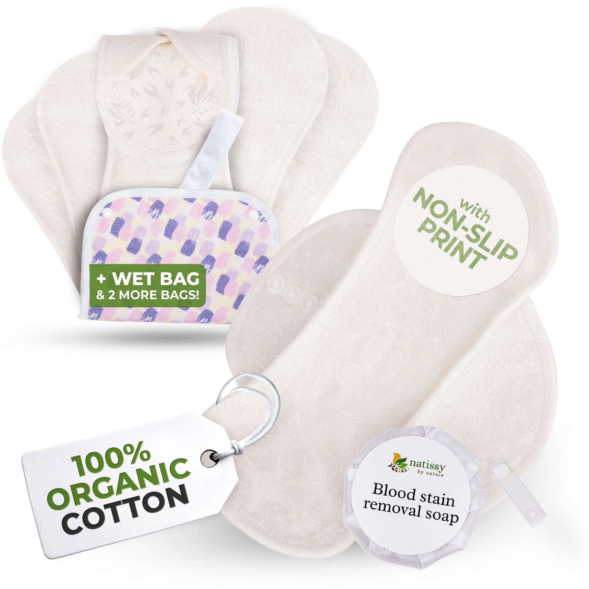 Assorbenti riutilizzabili antiscivolo organici per flusso abbondante e incontinenza (L+XL, confezione da 6) - Bambù bianco semplice