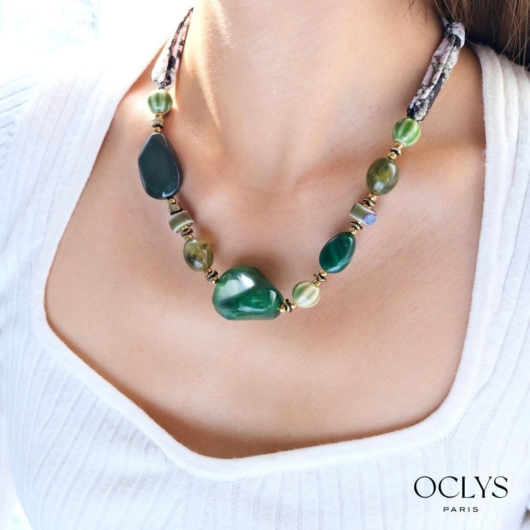 Collier ruban perles résine acier inoxydable doré Dali