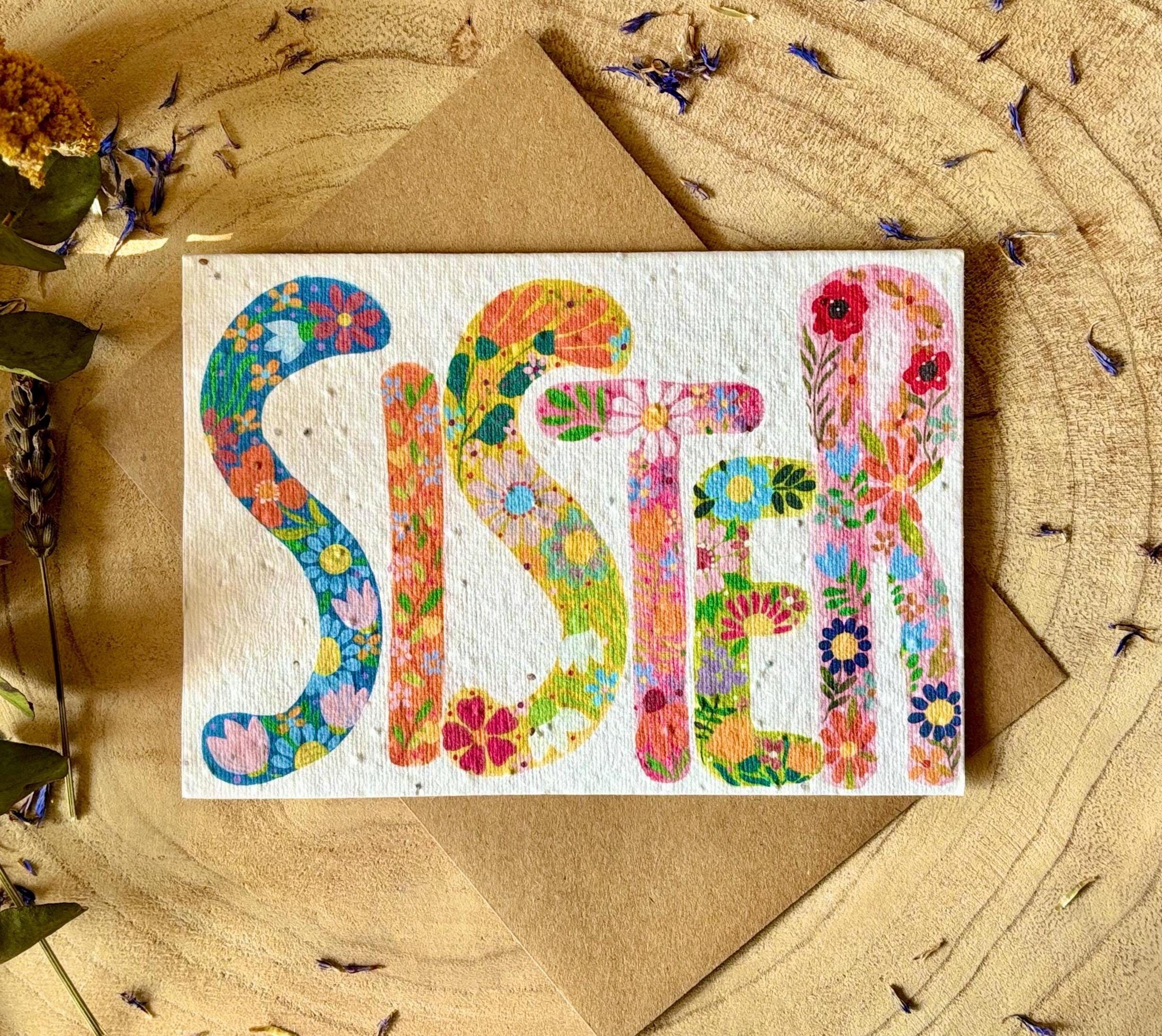 Tarjeta de cumpleaños para hermana hecha con papel de semillas plantables: Diseño floral ecológico
