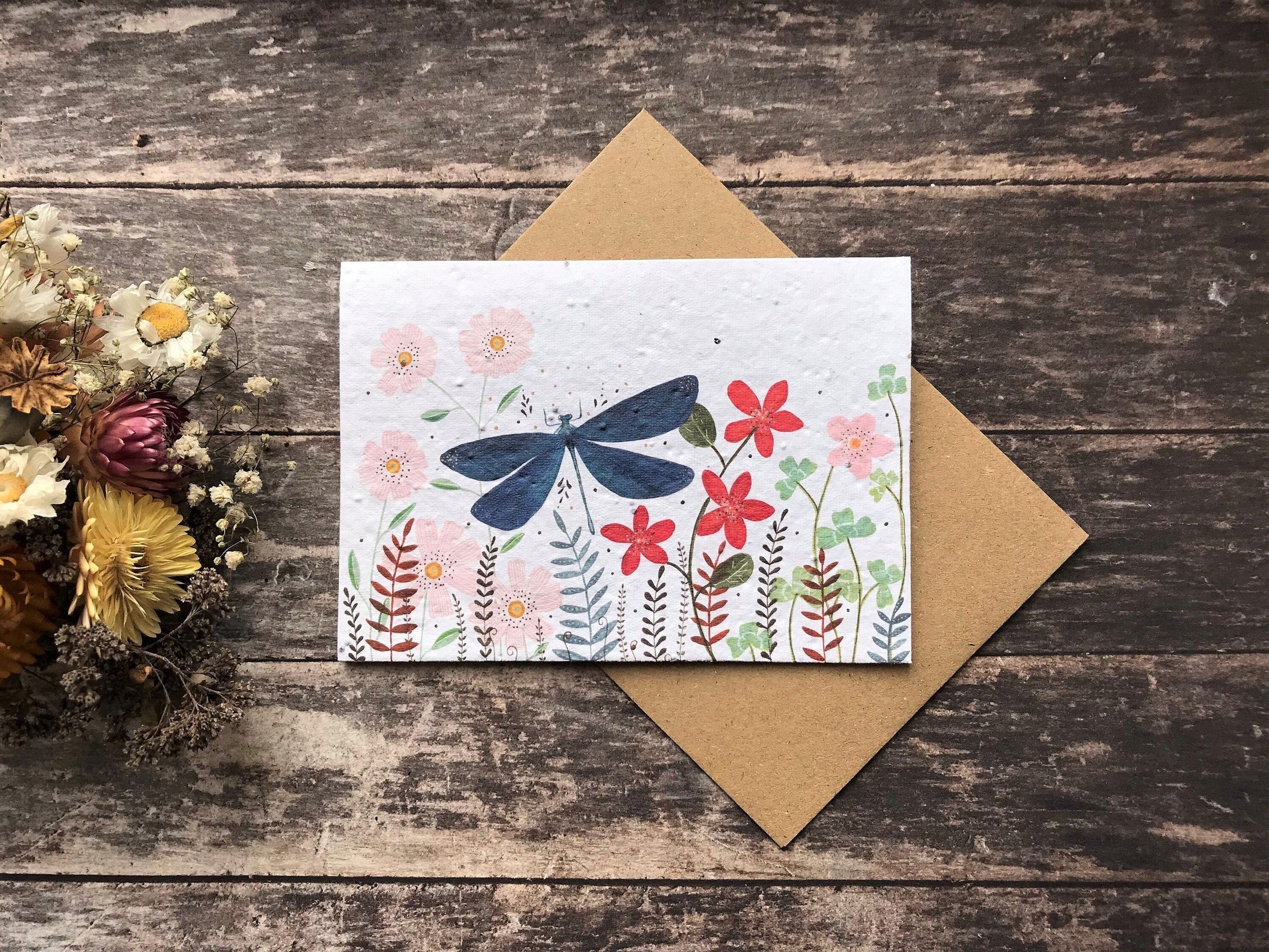 Plantable Seed Paper Birthday Card: Dragonfly & Wildflowers