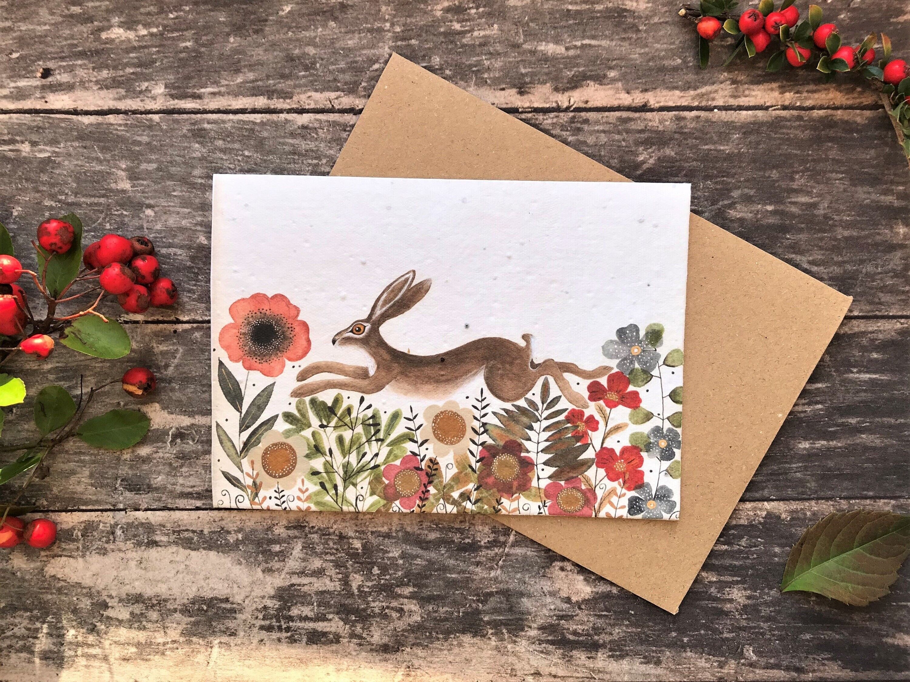 Plantable Seed Paper Birthday Card: Hare & Flowers, Eco-Friendly