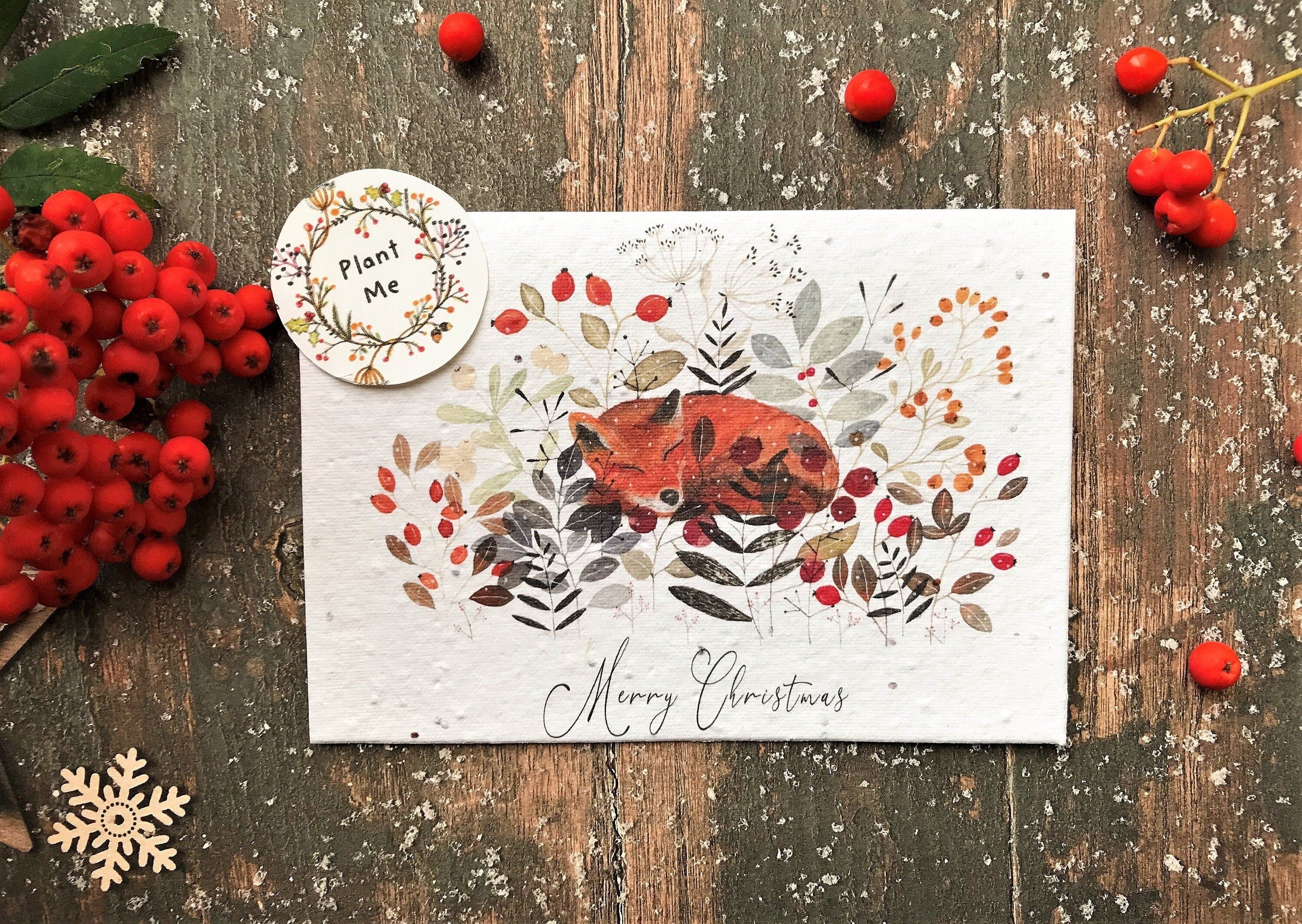 Plantable Seed Paper Christmas Card: Winter Fox Illustration, Eco-Friendly Handmade Card