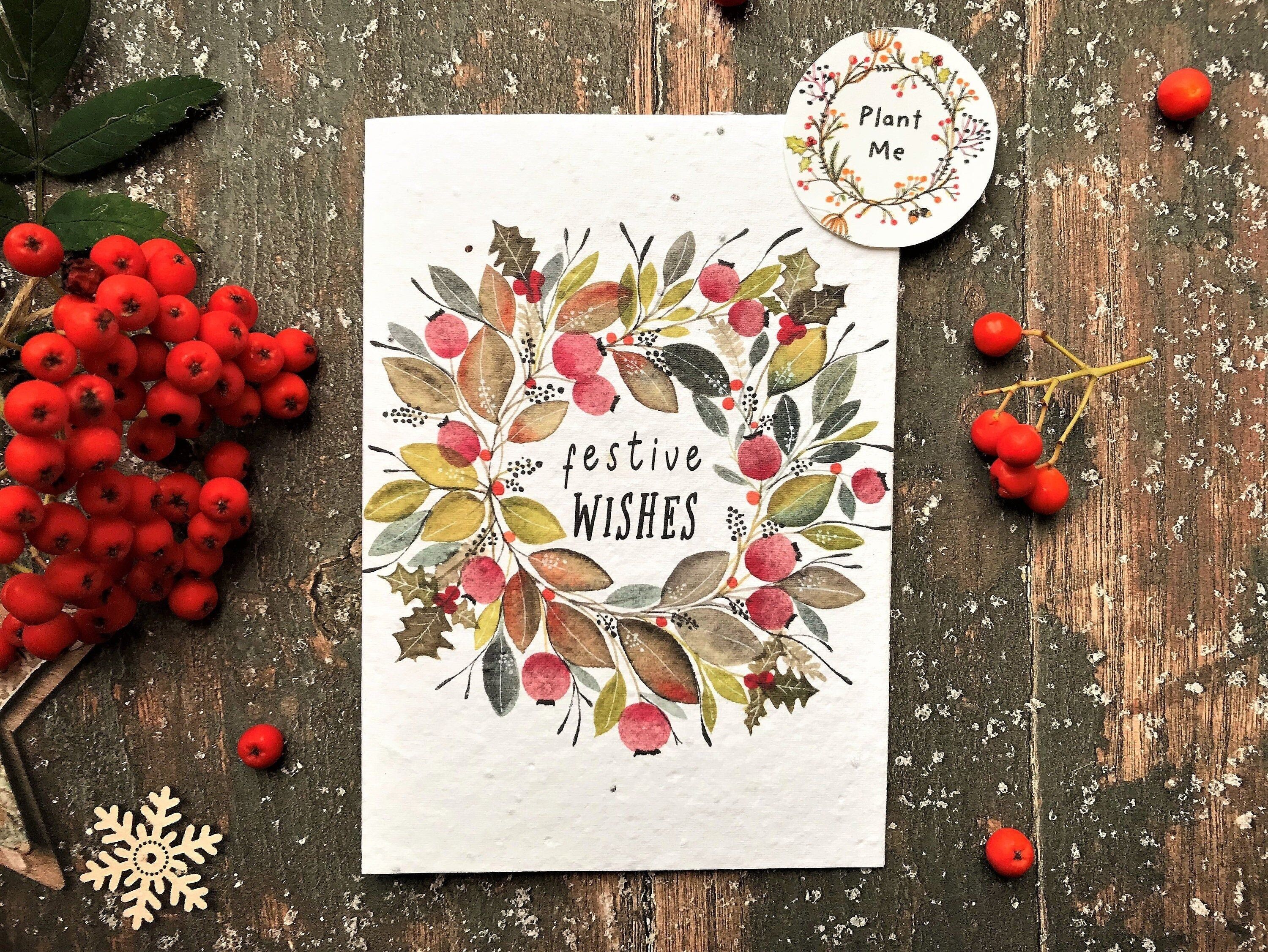Plantable Seed Paper Christmas Card: Wreath Illustration, Eco-Friendly