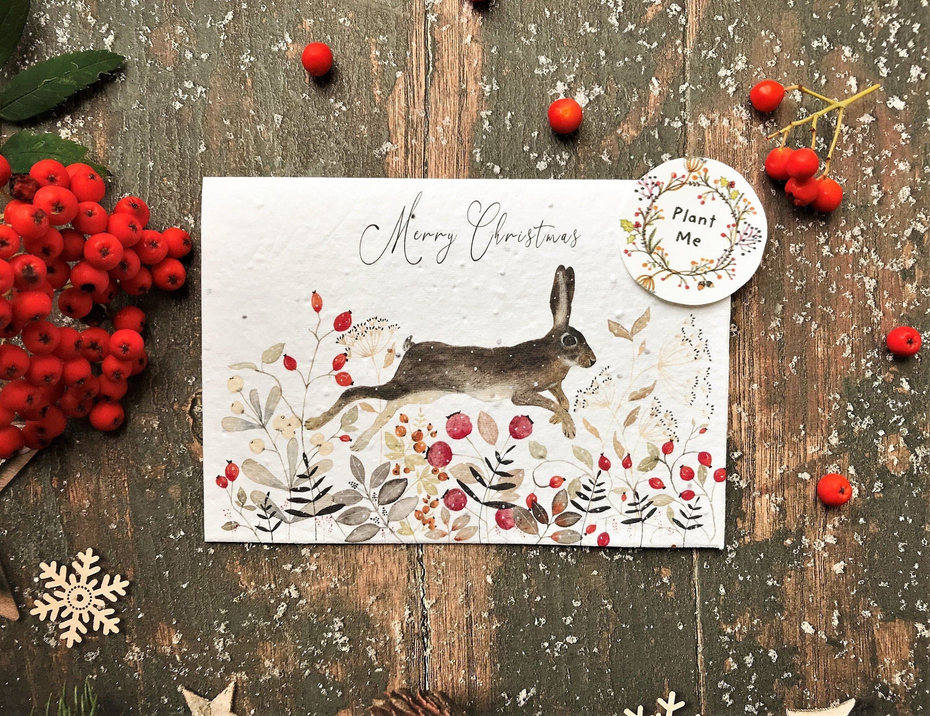 Plantable Seed Paper Christmas Card: Hare Illustration, Eco-Friendly Handmade Card