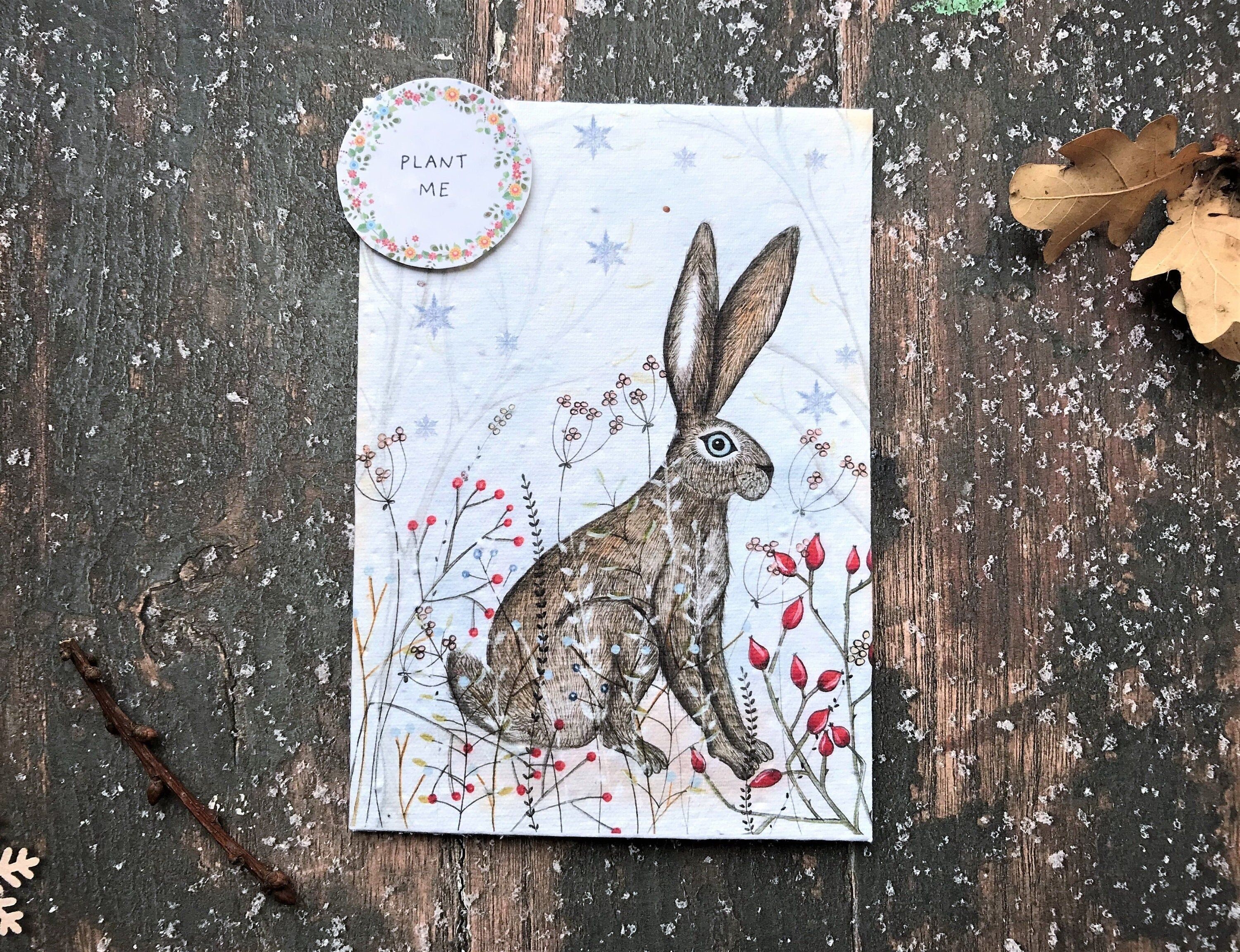 Plantable Seed Paper Christmas Card: Handmade Hare Illustration, Eco-Friendly