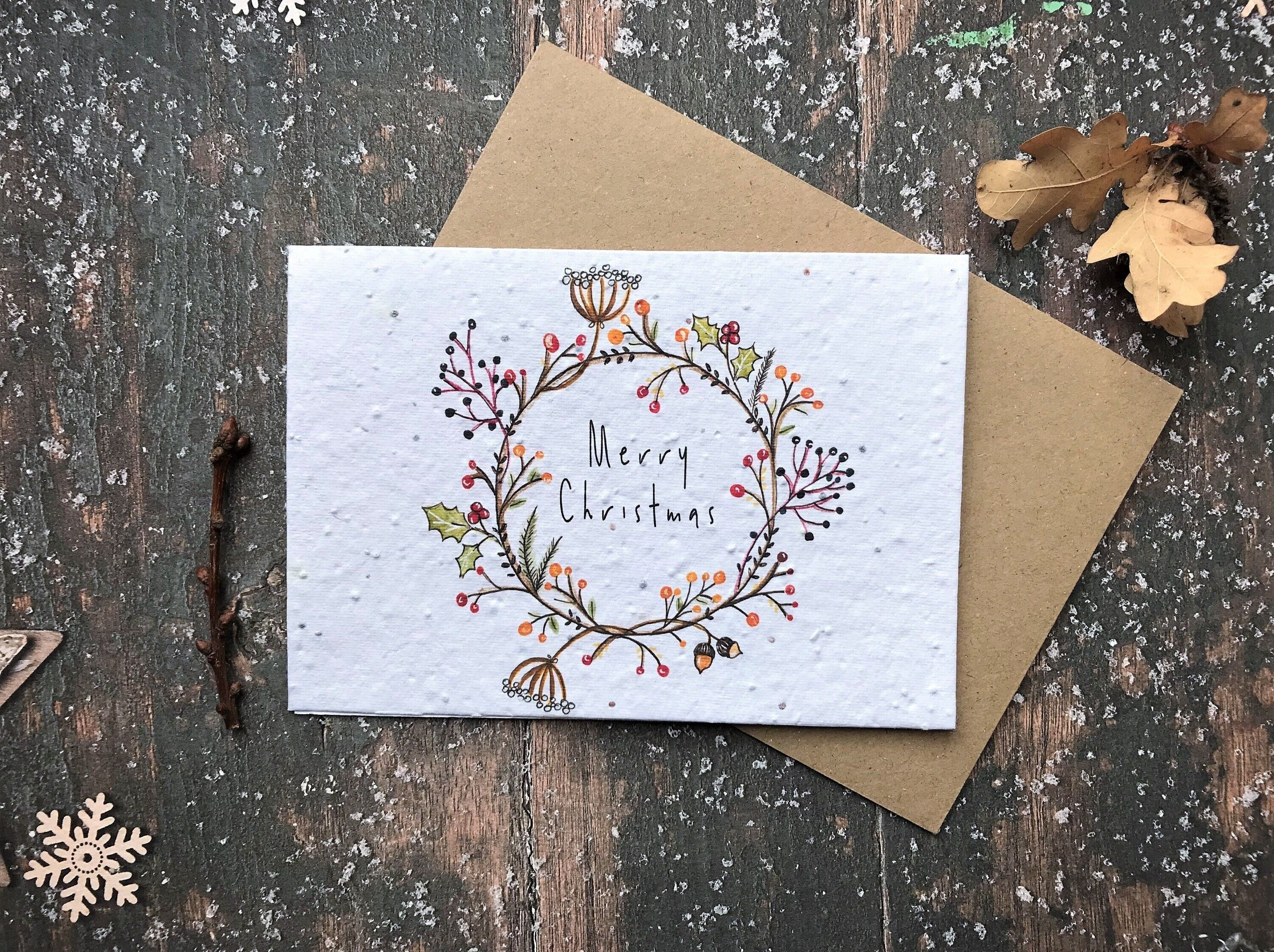 Plantable Seed Paper Christmas Card: Illustrated Floral Wreath, Eco-Friendly