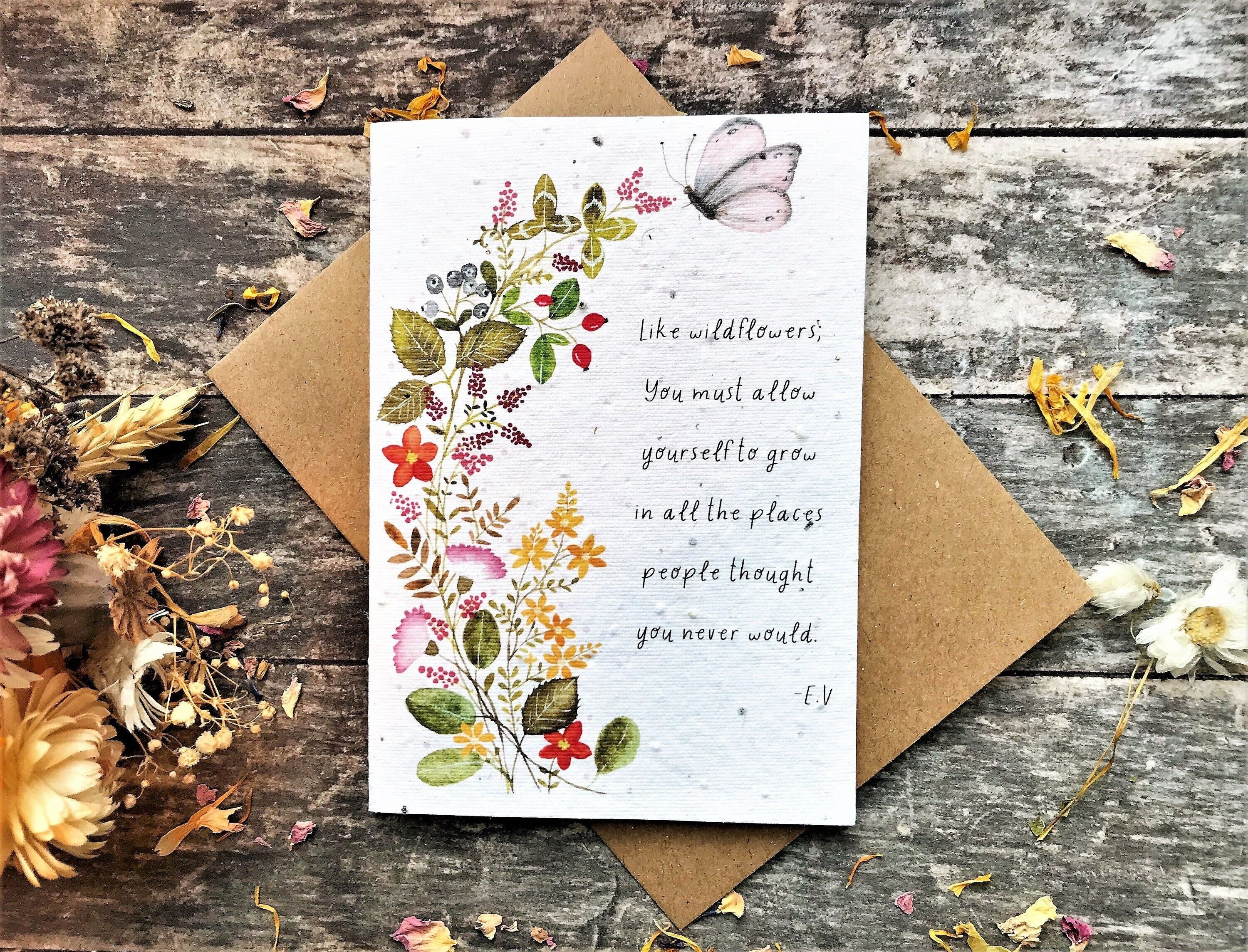 Plantable Seed Paper Card: Watercolor Flowers, Inspirational Quote